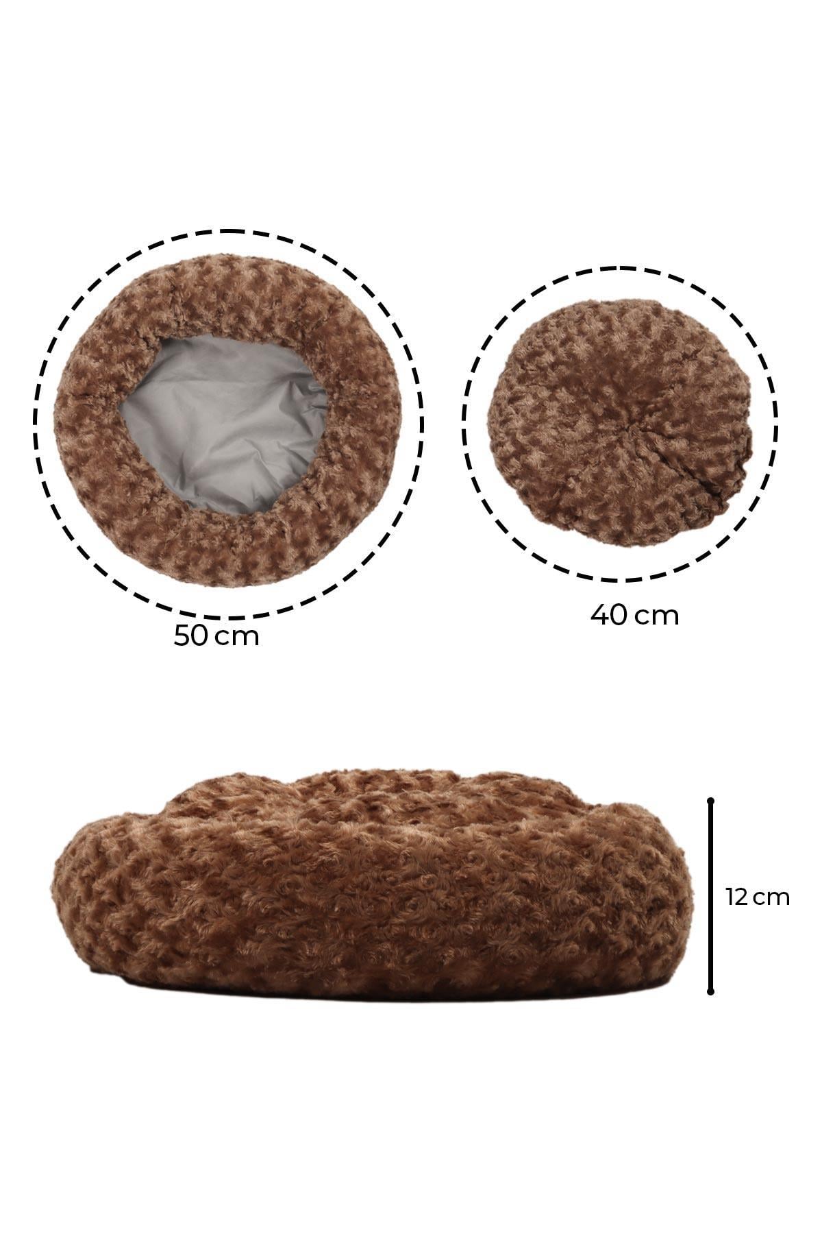 Kedi Köpek Yuvarlak Yatak Peluş, Kedi Köpek Yatağı, Simit Yatak Açık Kahve 50x40x12 cm