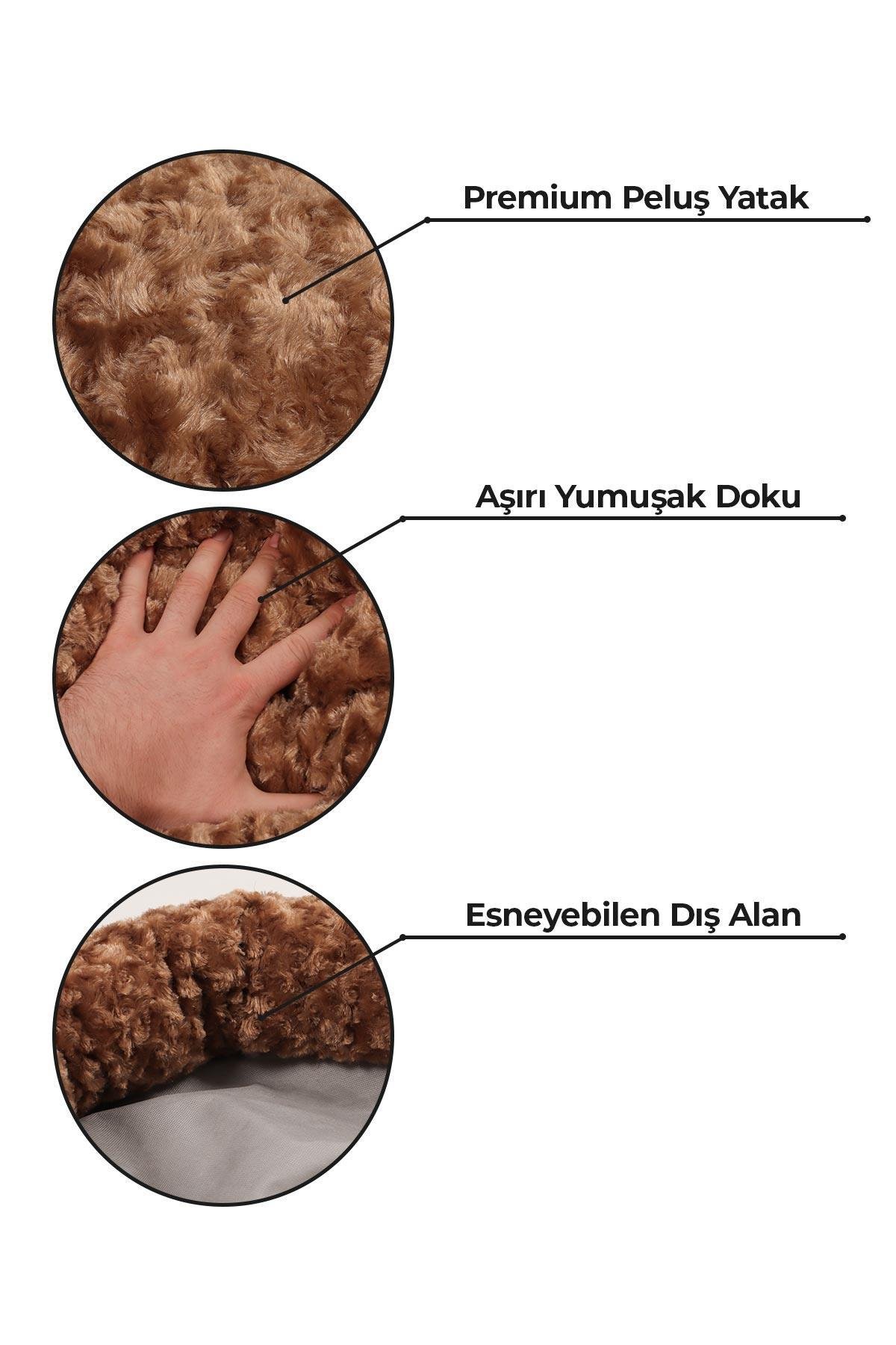 Kedi Köpek Yuvarlak Yatak Peluş, Kedi Köpek Yatağı, Simit Yatak Açık Kahve 50x40x12 cm