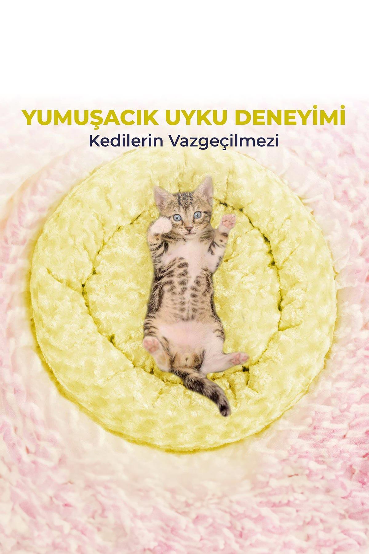 Kedi Köpek Yuvarlak Yatak Peluş, Kedi Köpek Yatağı, Simit Yatak Sarı 50x40x12 cm