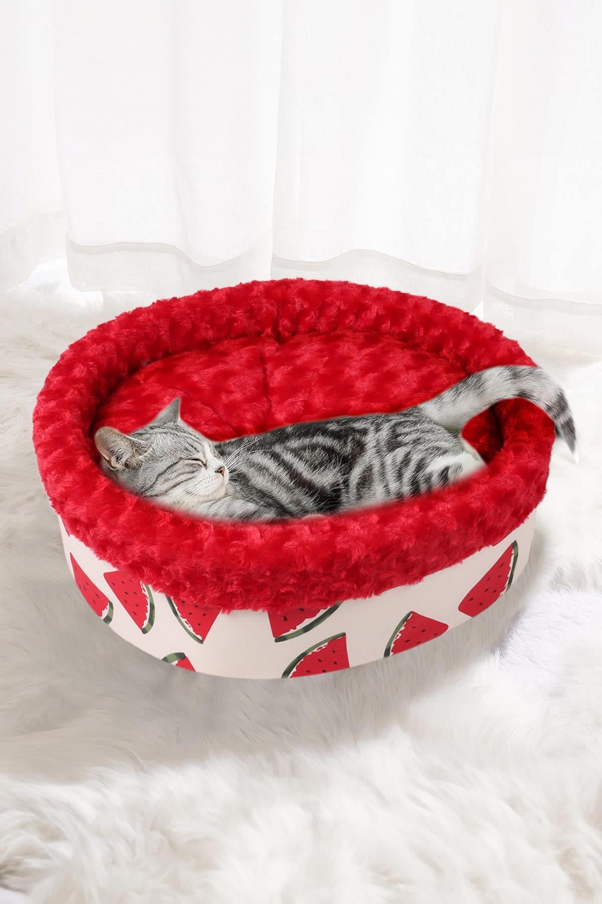 Kedi Köpek Yuvarlak Yatak Peluş, Kedi Köpek Yatağı, Speciel Kırmızı Yatak 50X40X15