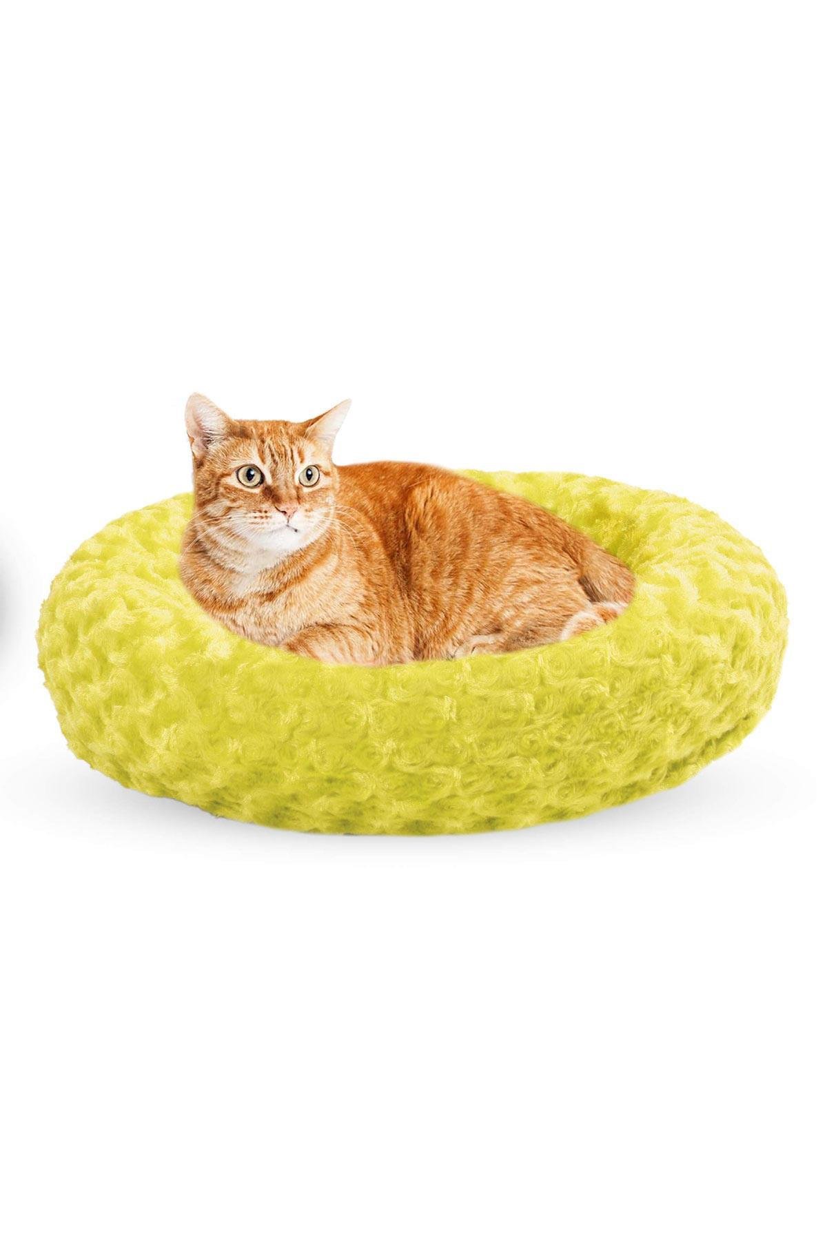 Kedi Köpek Yuvarlak Yatak Peluş, Kedi Köpek Yatağı, Simit Yatak Sarı 50x40x12 cm
