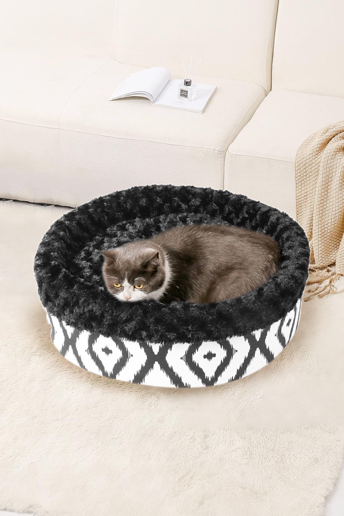 Kedi Köpek Yuvarlak Yatak Peluş, Kedi Köpek Yatağı, Speciel Yatak Siyah 50X40X15