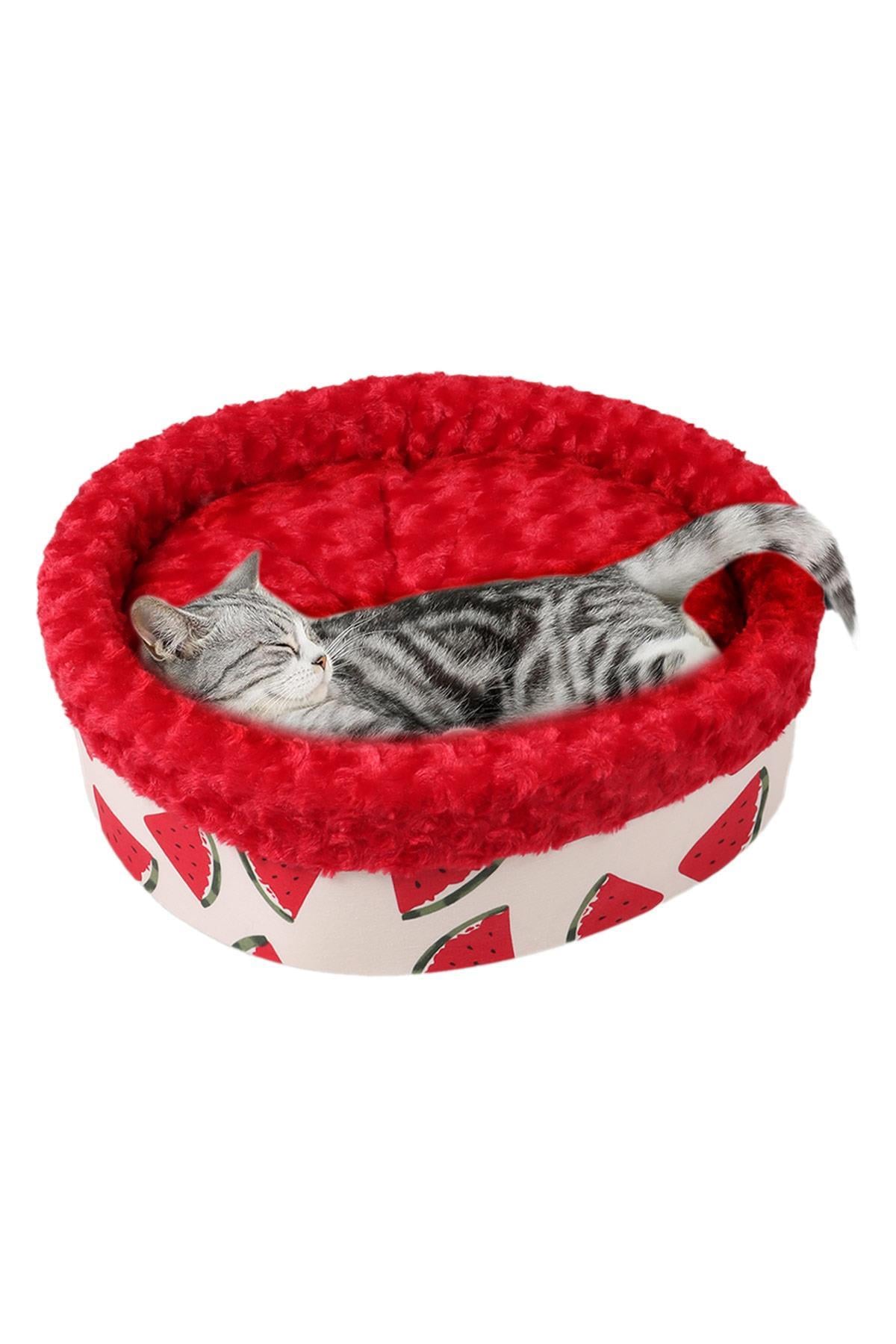 Kedi Köpek Yuvarlak Yatak Peluş, Kedi Köpek Yatağı, Speciel Kırmızı Yatak 50X40X15