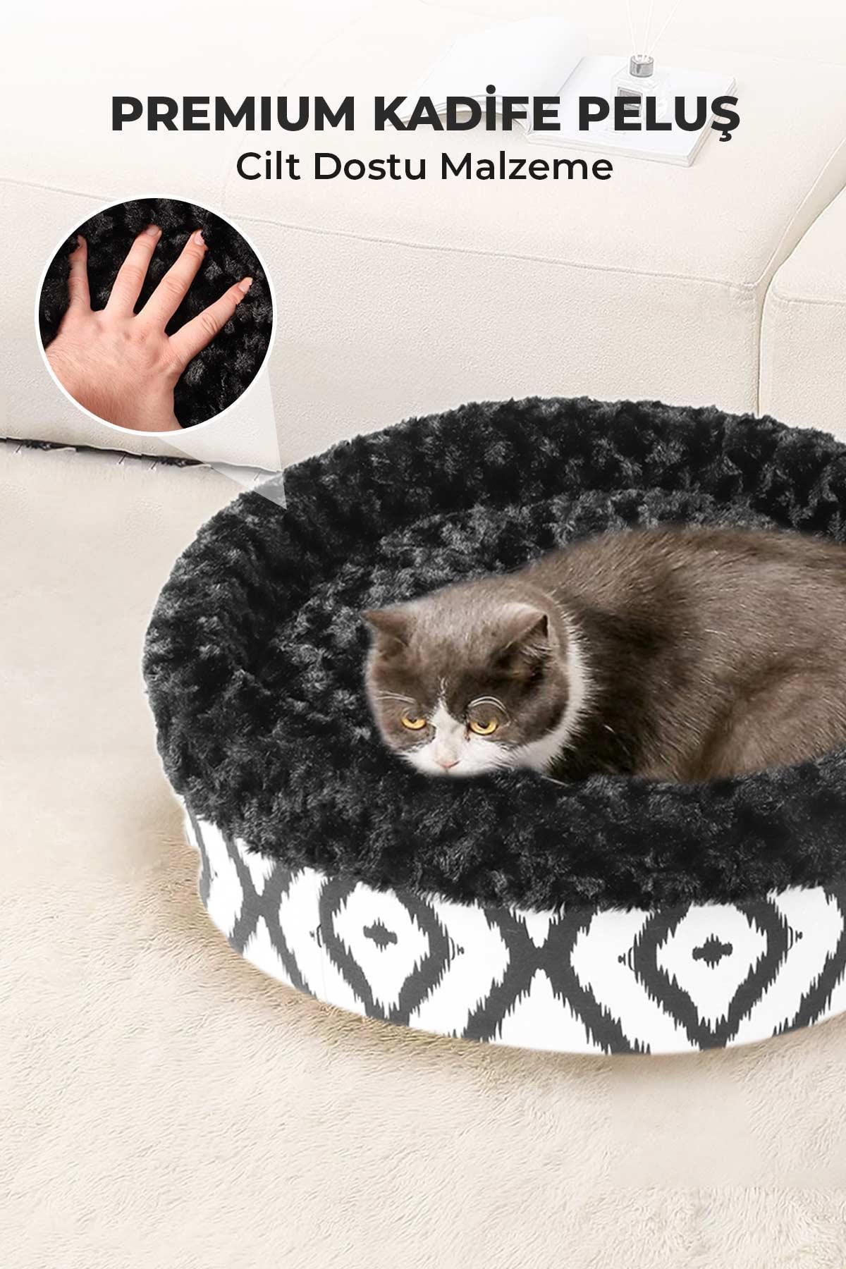 Kedi Köpek Yuvarlak Yatak Peluş, Kedi Köpek Yatağı, Speciel Yatak Siyah 50X40X15