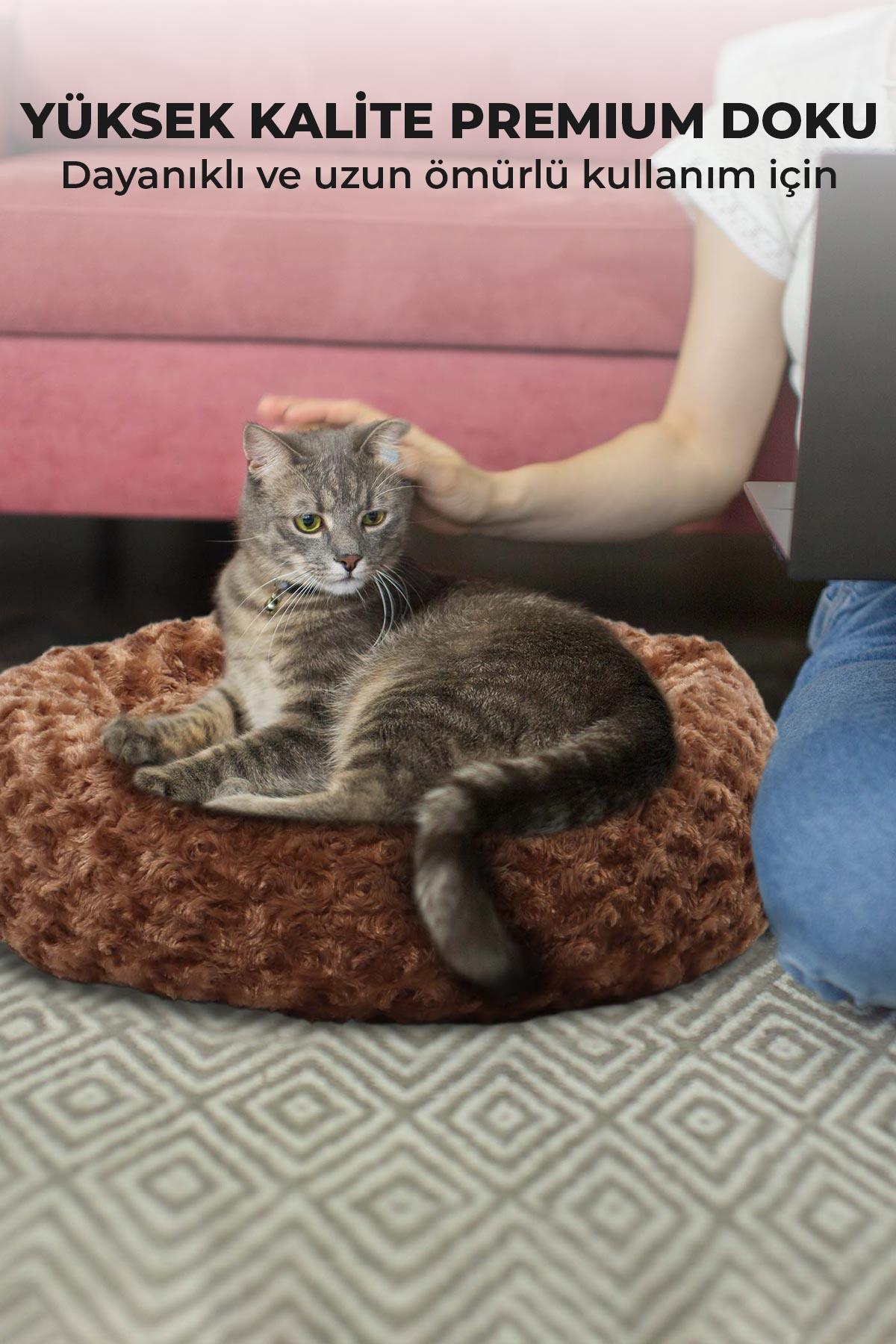 Kedi Köpek Yuvarlak Yatak Peluş, Kedi Köpek Yatağı, Simit Yatak Açık Kahve 50x40x12 cm