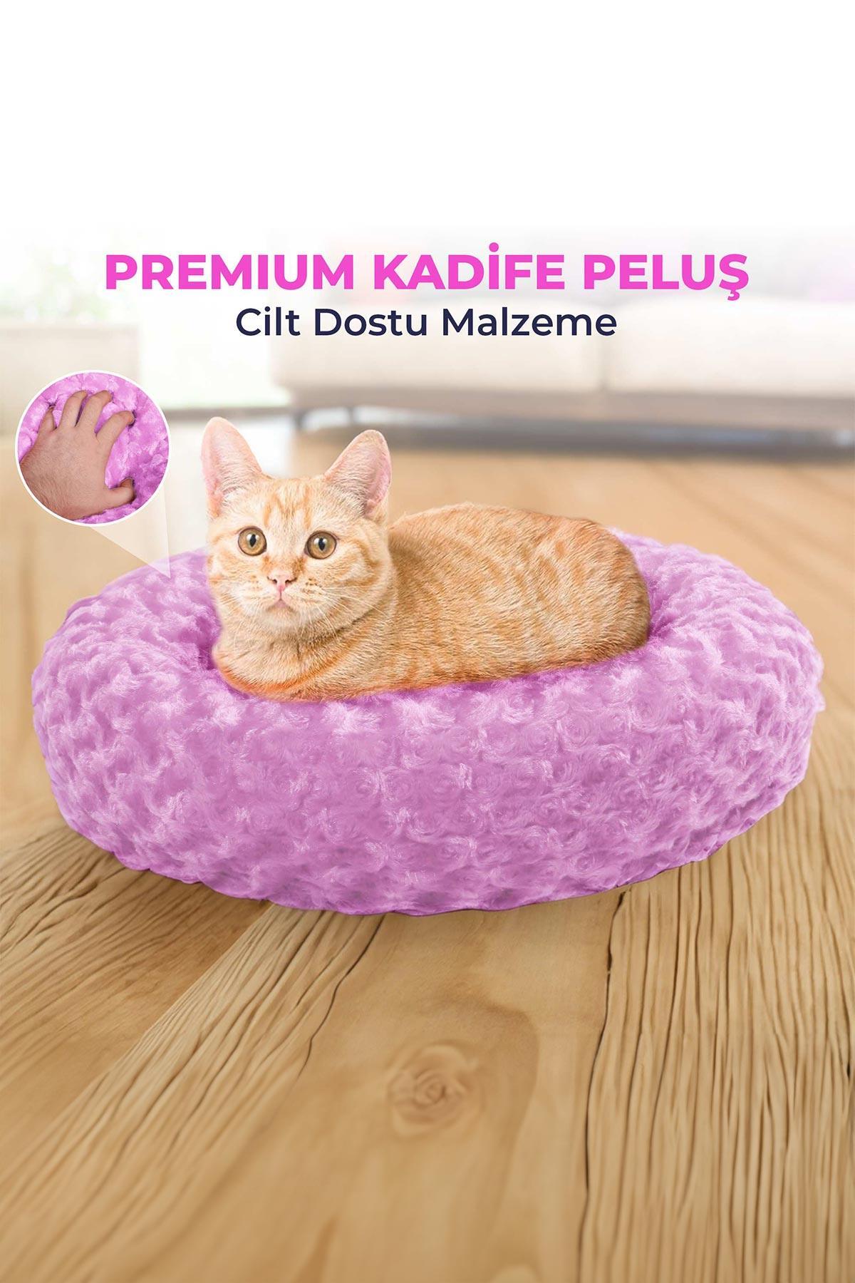 Kedi Köpek Yuvarlak Yatak Peluş, Kedi Köpek Yatağı, Simit Yatak Pembe 50x40x12 cm