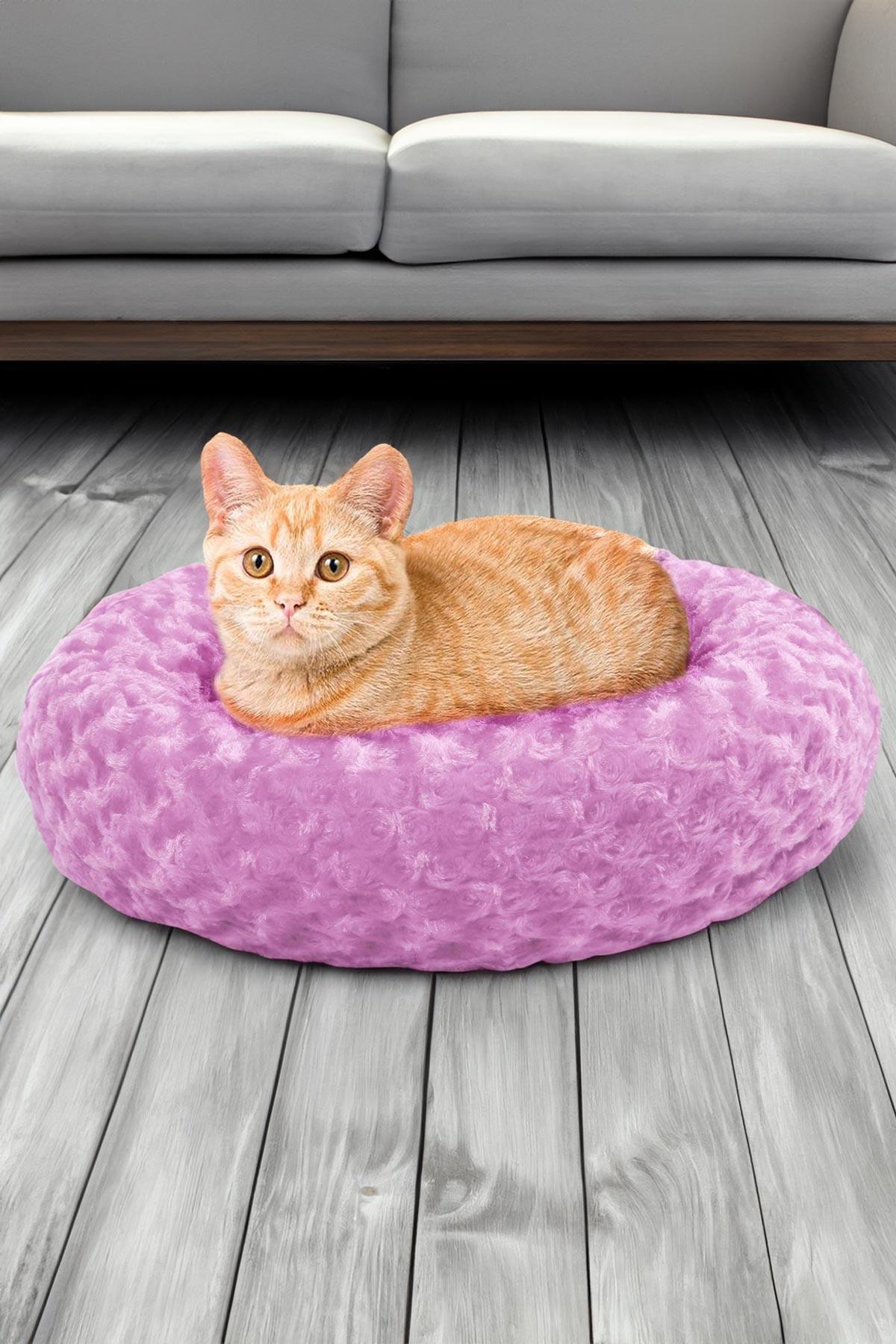 Kedi Köpek Yuvarlak Yatak Peluş, Kedi Köpek Yatağı, Simit Yatak Pembe 50x40x12 cm