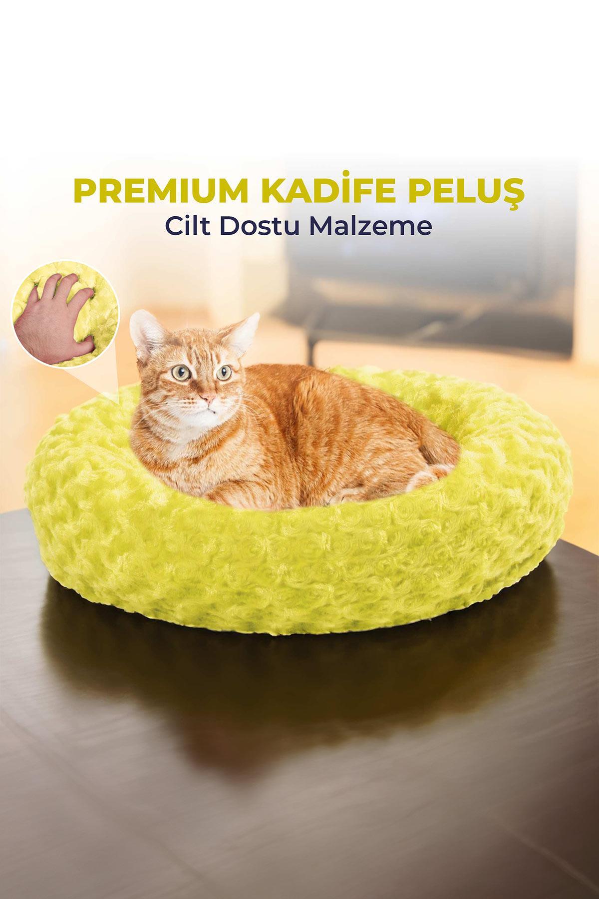 Kedi Köpek Yuvarlak Yatak Peluş, Kedi Köpek Yatağı, Simit Yatak Sarı 50x40x12 cm