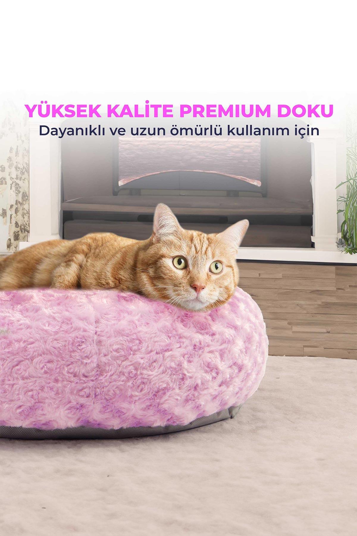 Kedi Köpek Yuvarlak Yatak Peluş, Kedi Köpek Yatağı, Simit Yatak Pembe 50x40x12 cm
