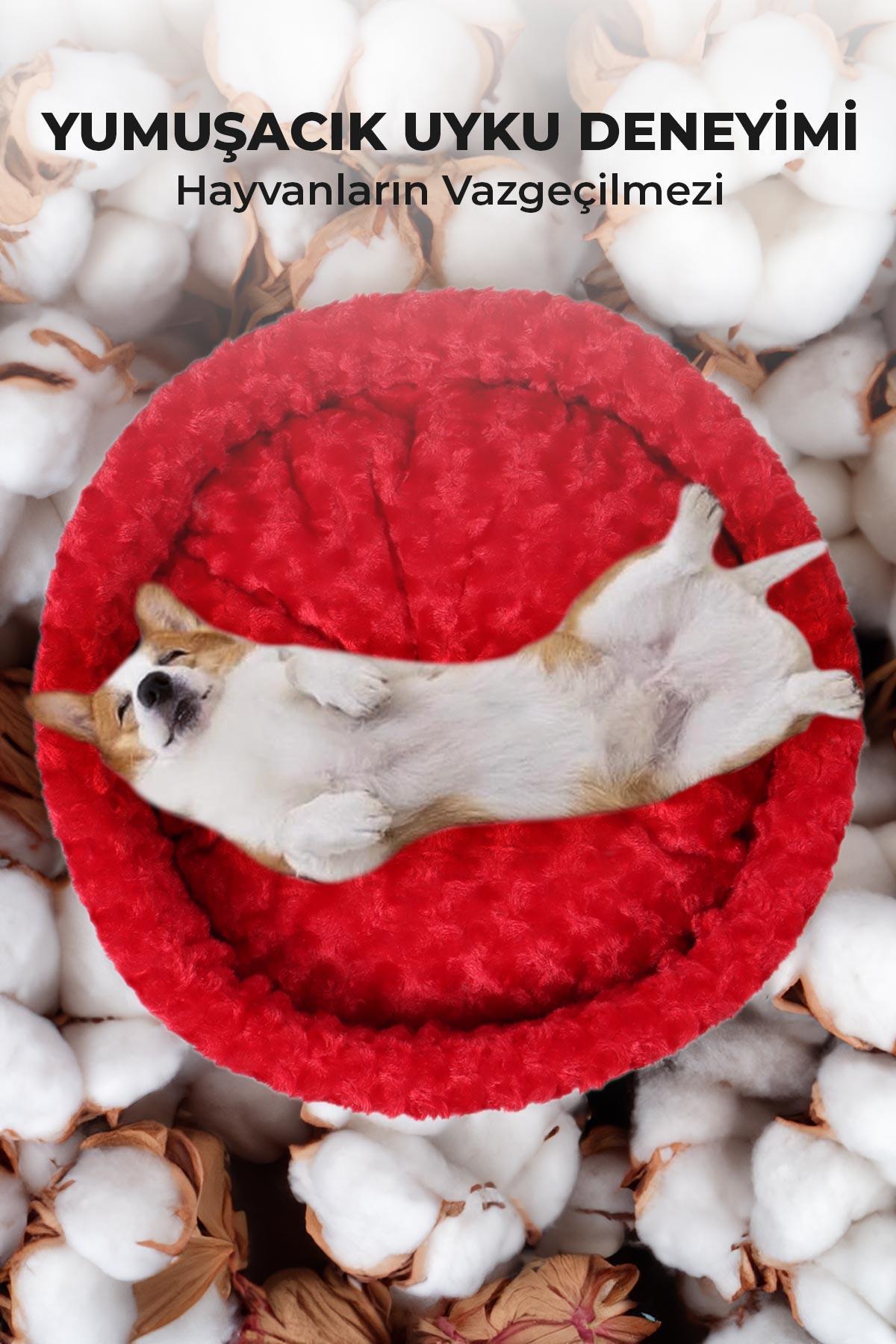 Kedi Köpek Yuvarlak Yatak Peluş, Kedi Köpek Yatağı, Speciel Kırmızı Yatak 50X40X15