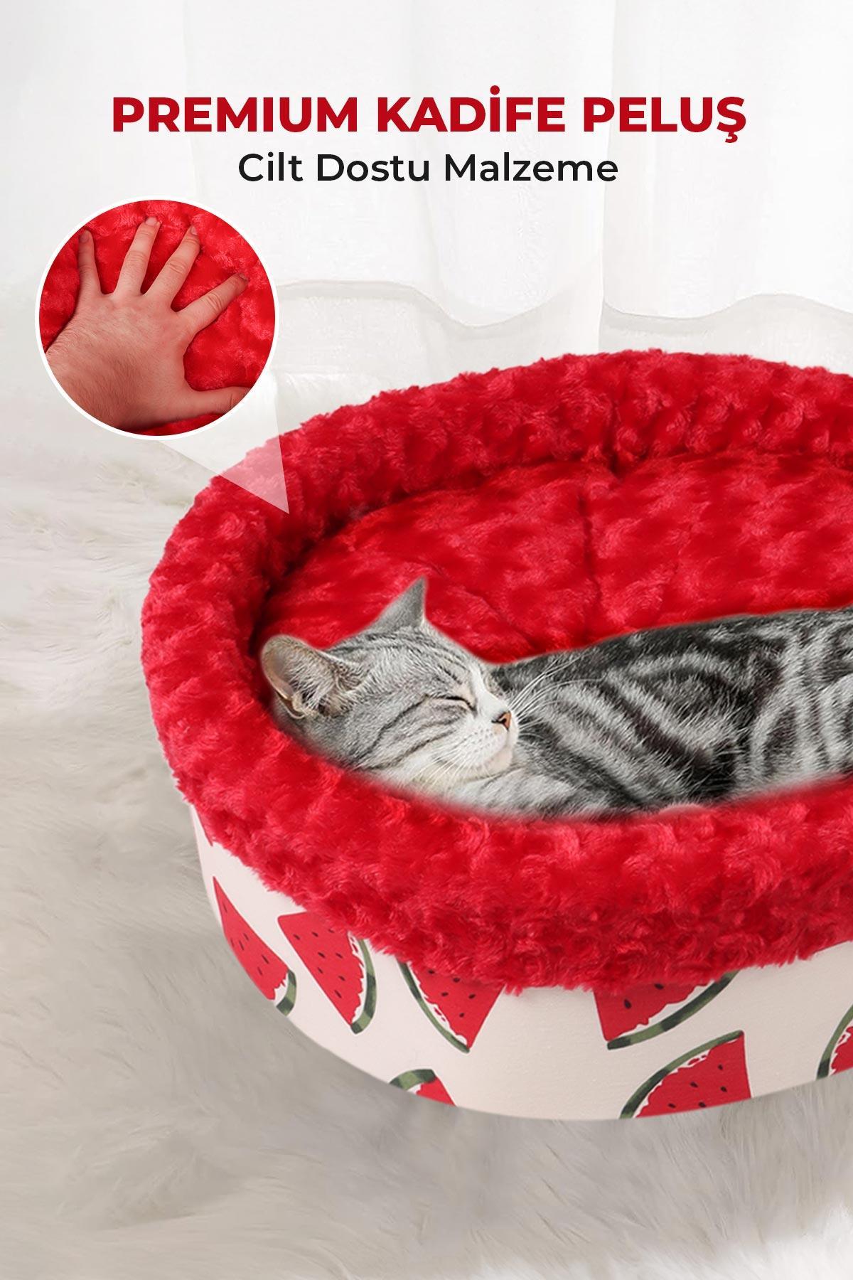 Kedi Köpek Yuvarlak Yatak Peluş, Kedi Köpek Yatağı, Speciel Kırmızı Yatak 50X40X15