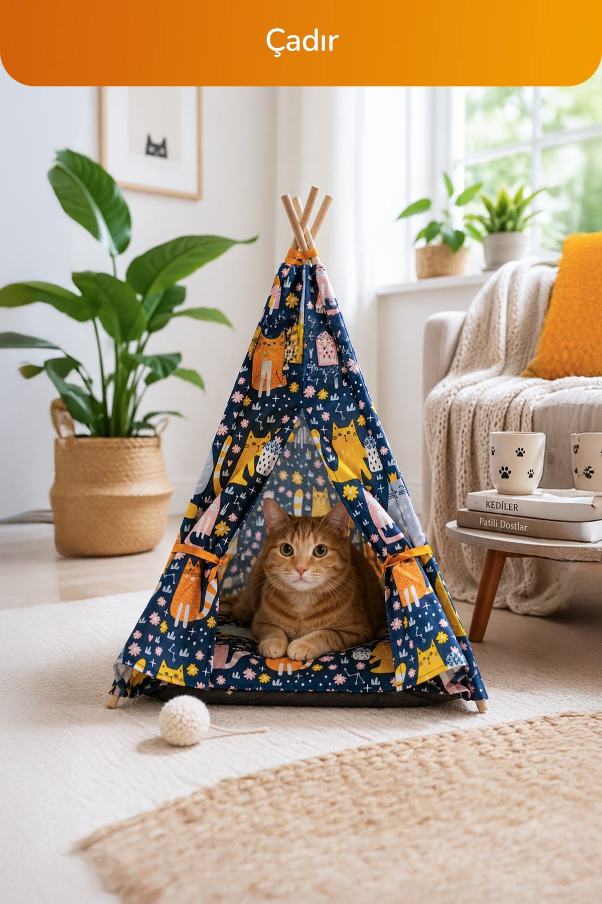 Kedi ve Küçük-Orta Irk Köpekler İçin 4’lü Konfor Seti, Çadır, Minder, Mama Kabı, Vantuzlu Cam Yatağı