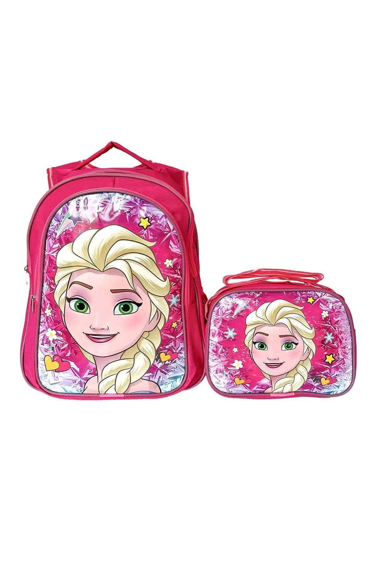 Kız Çocuk Full Pembe Tek Elsa Figürlü ilkokul Anaokulu Beslenme Ve Okul Çantası Seti