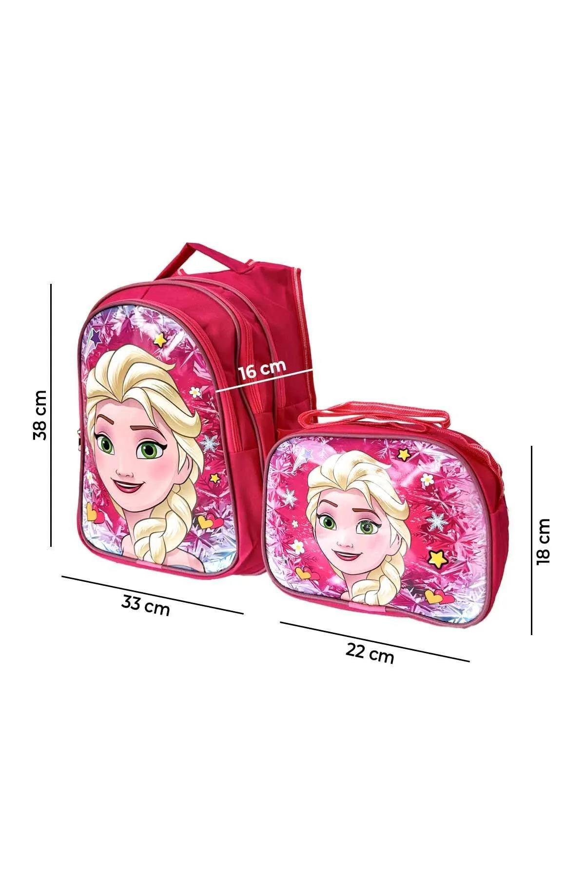 Kız Çocuk Full Pembe Tek Elsa Figürlü ilkokul Anaokulu Beslenme Ve Okul Çantası Seti