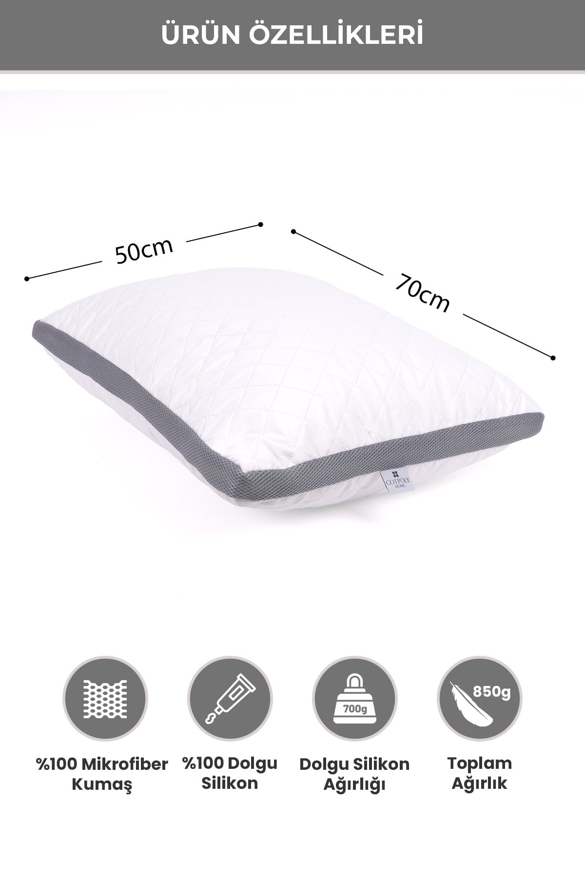 Klimalı Yastık 50x70 cm – Terletmeyen, Hava Alan Mikrofiber Uyku Yastığı Gri