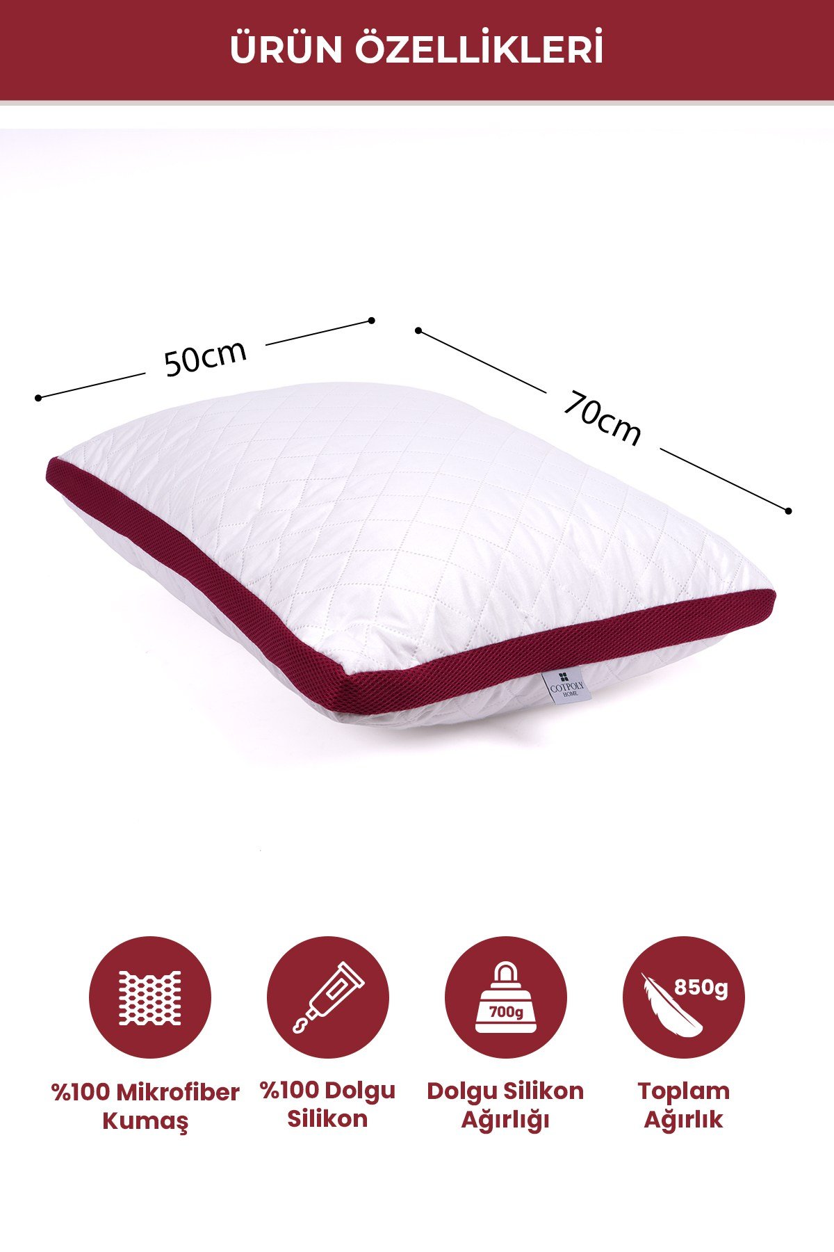 Klimalı Yastık 50x70 cm – Terletmeyen, Hava Alan Mikrofiber Uyku Yastığı Bordo