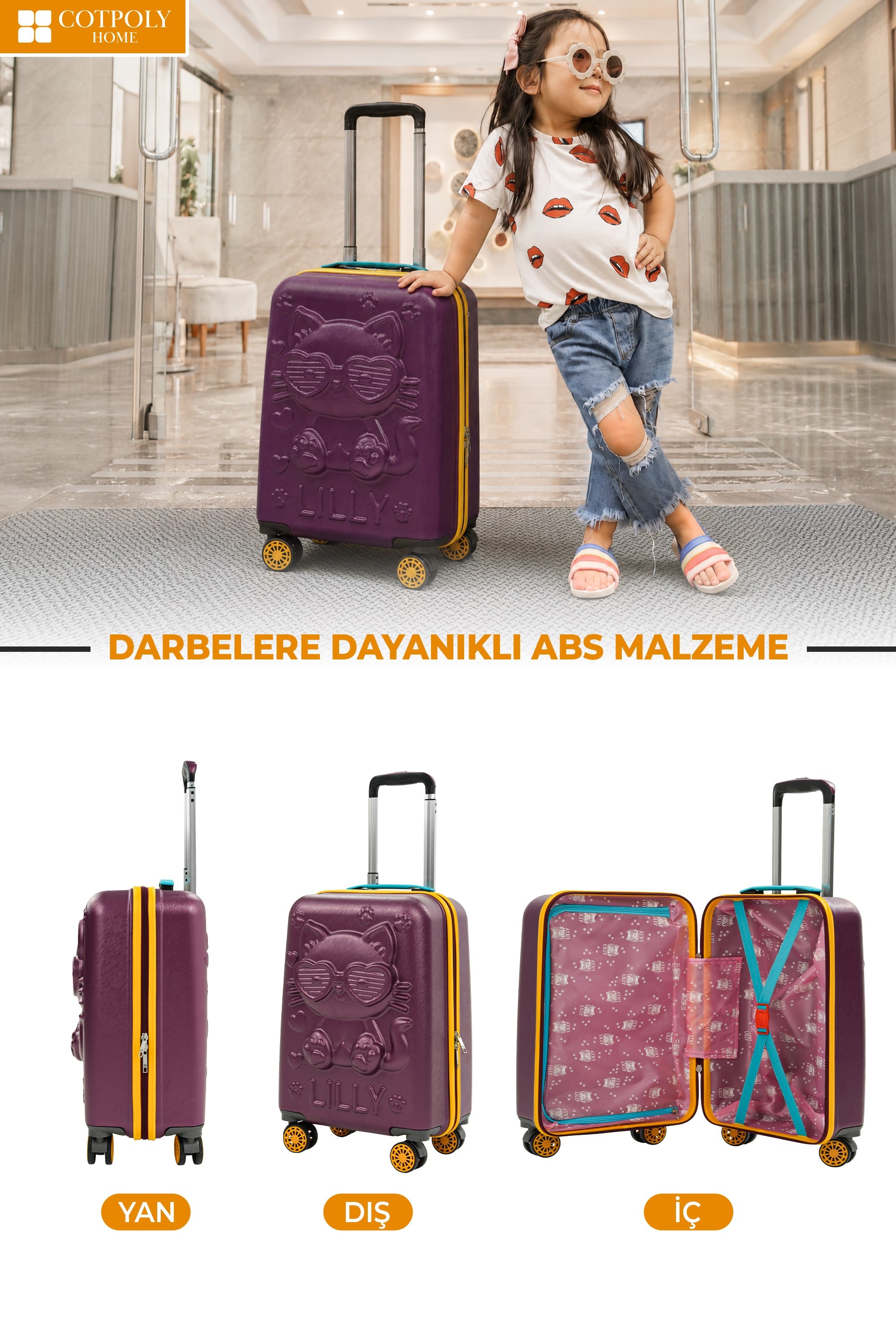 Lilly Kedi  Çocuk Valizi ABS Kabin Boy Hafif 