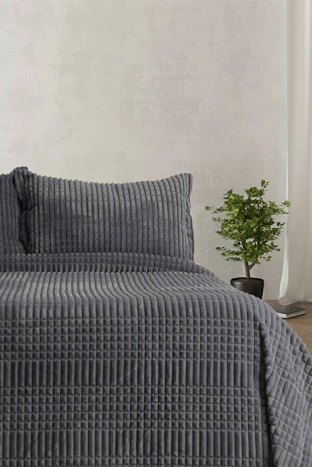 Merinos Modern Line 3 Parça Battaniye Seti - Koyu gri Antrasit