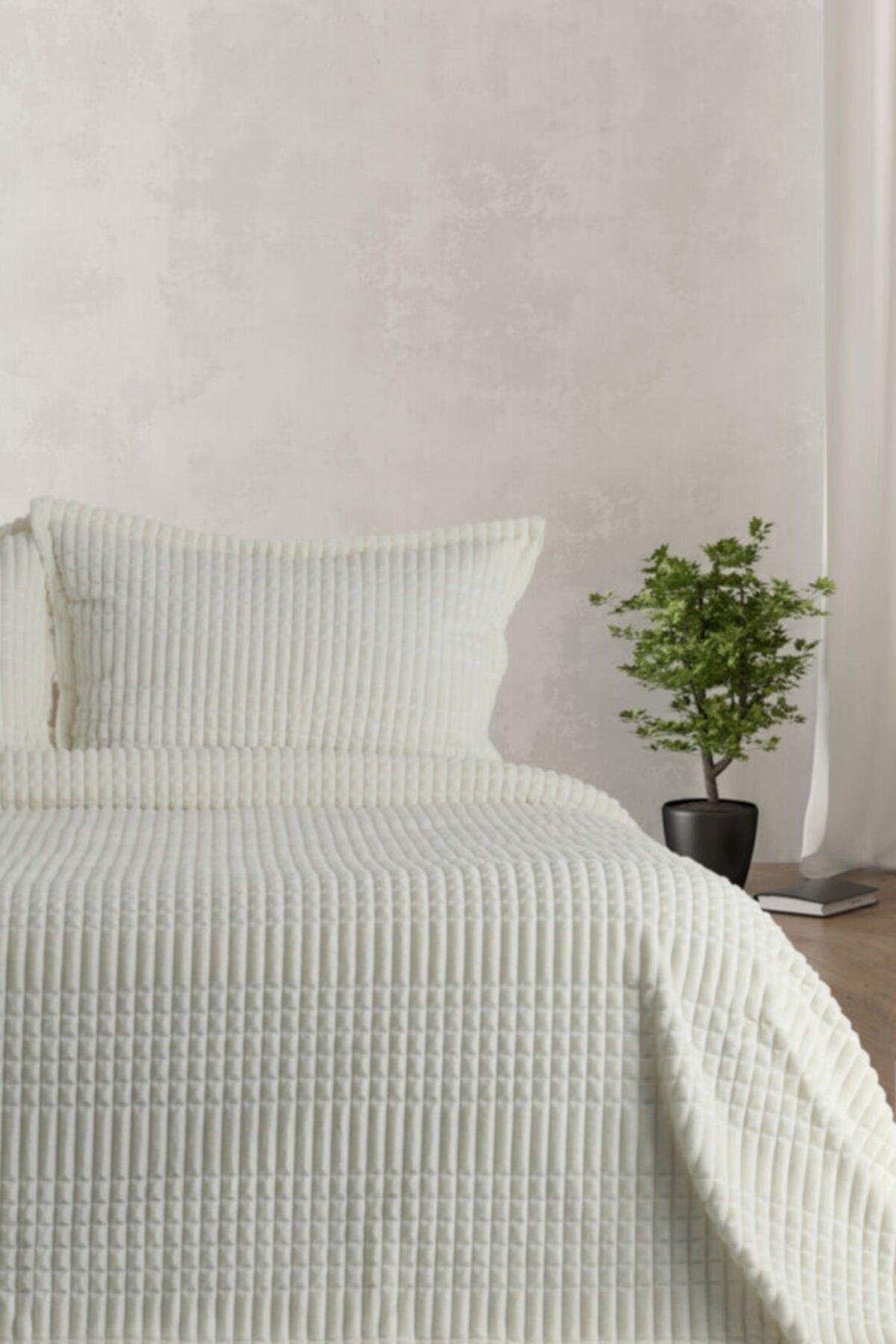Merinos Modern Line 3 Parça Battaniye Seti - KEMİK-Ekru