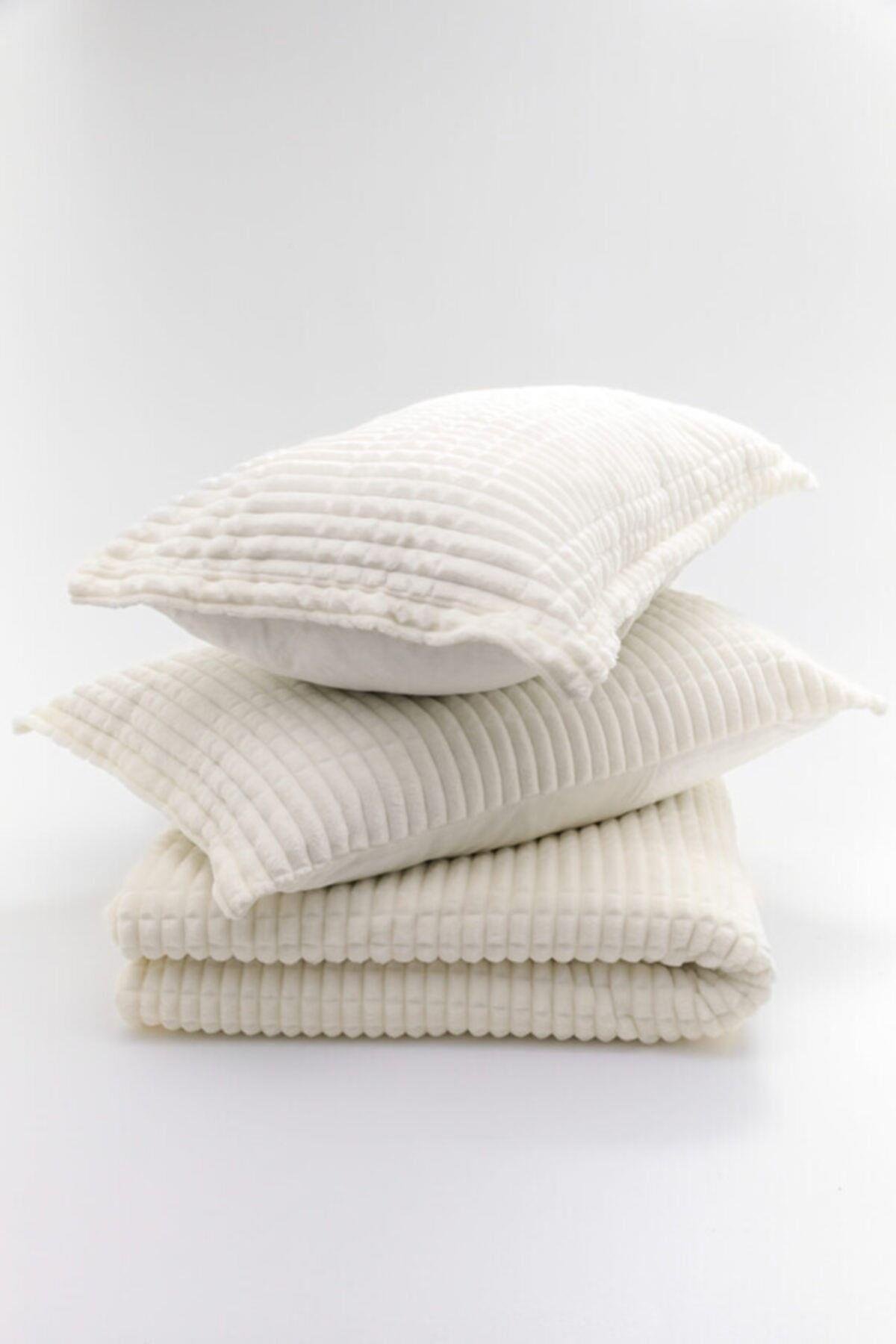 Merinos Modern Line 3 Parça Battaniye Seti - KEMİK-Ekru
