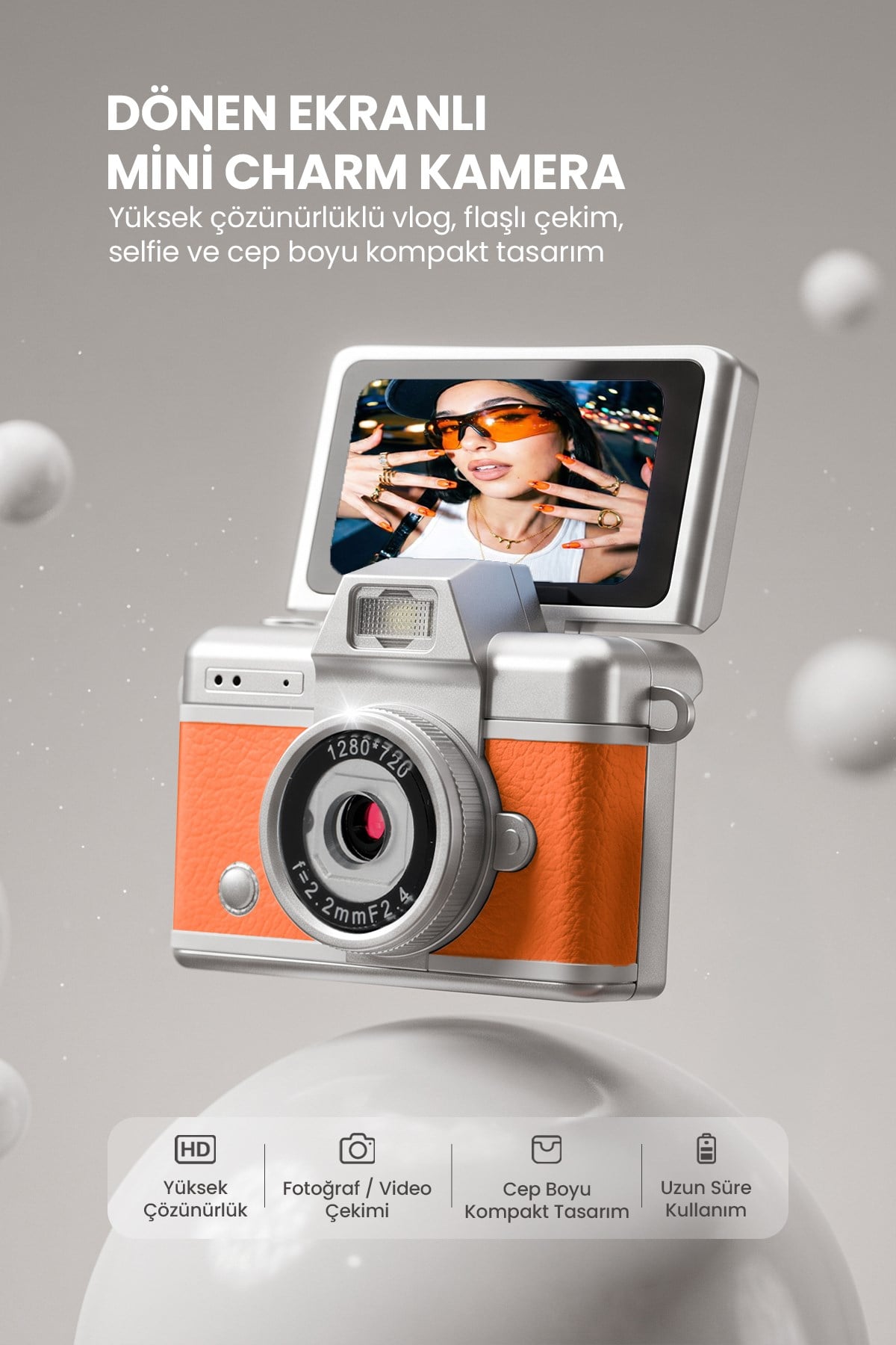 Mini Kamera Dönen Ekran Flaşlı Selfie Video Vlog Kamerası Anahtarlık LK-027 