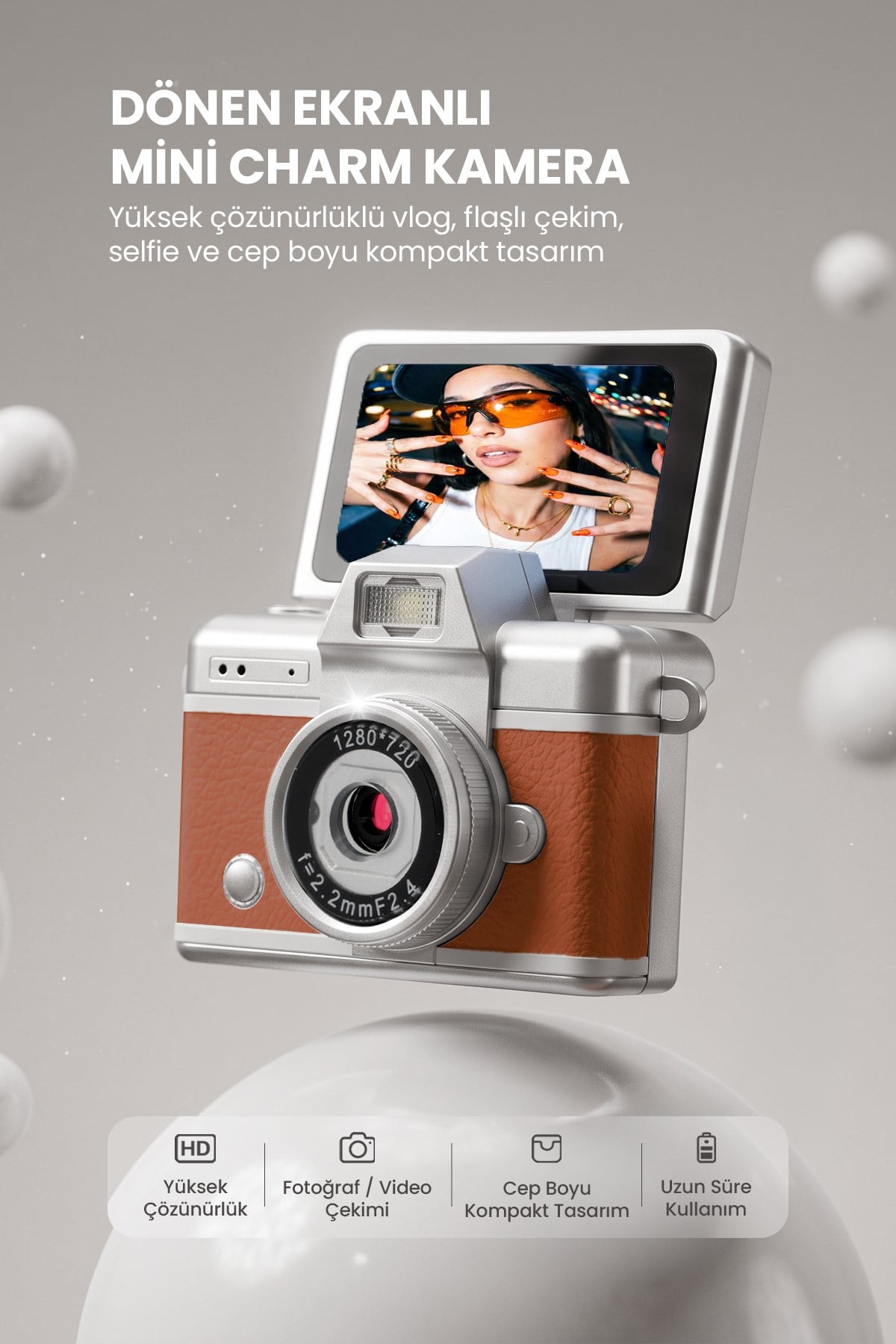 Mini Kamera Dönen Ekran Flaşlı Selfie Video Vlog Kamerası Anahtarlık LK-027 