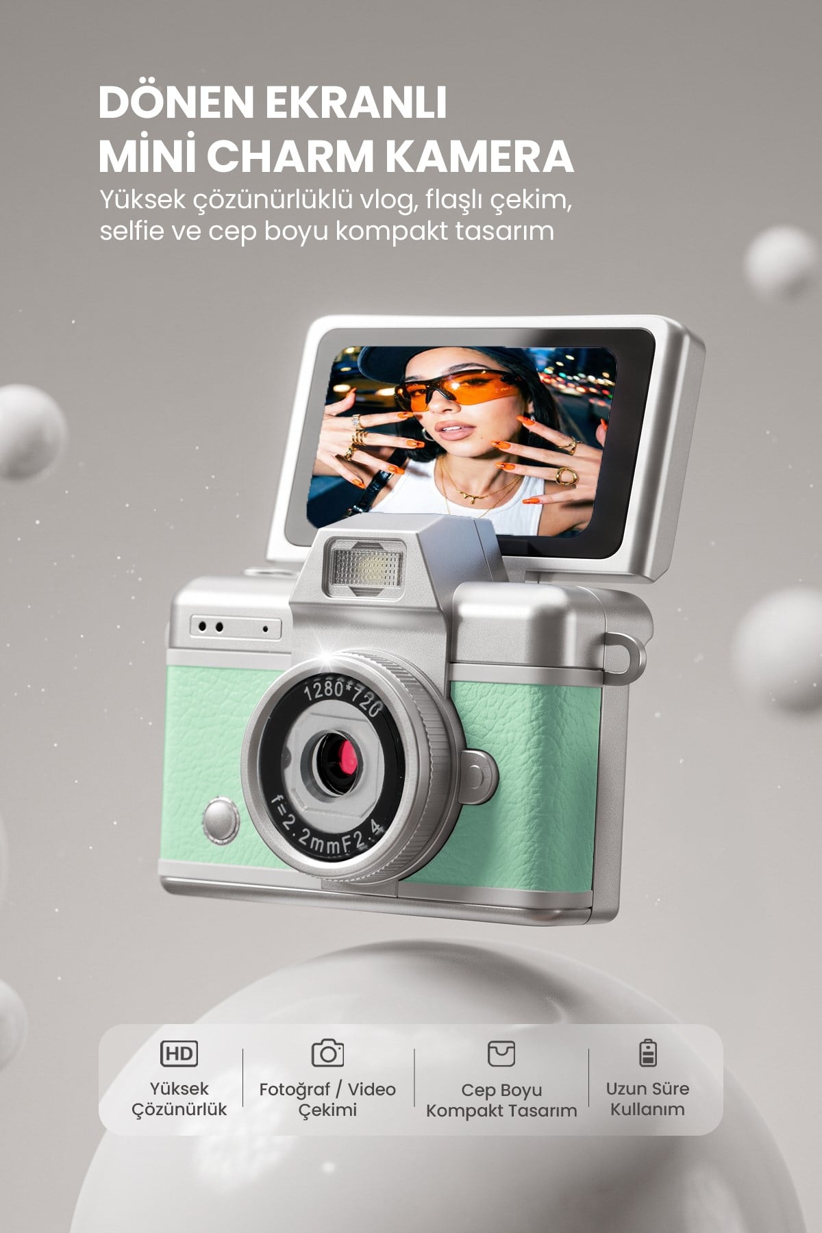 Mini Kamera Dönen Ekran Flaşlı Selfie Video Vlog Kamerası Anahtarlık LK-027 
