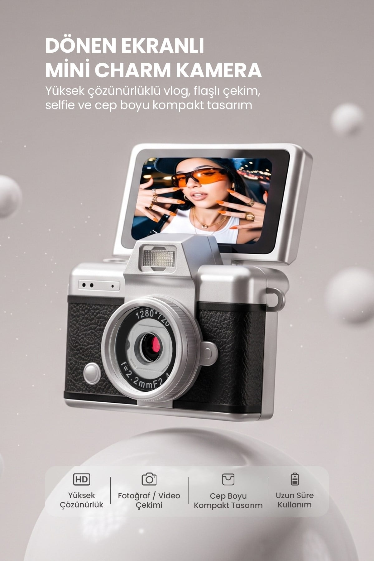 Mini Kamera Dönen Ekran Flaşlı Selfie Video Vlog Kamerası Anahtarlık LK-027 