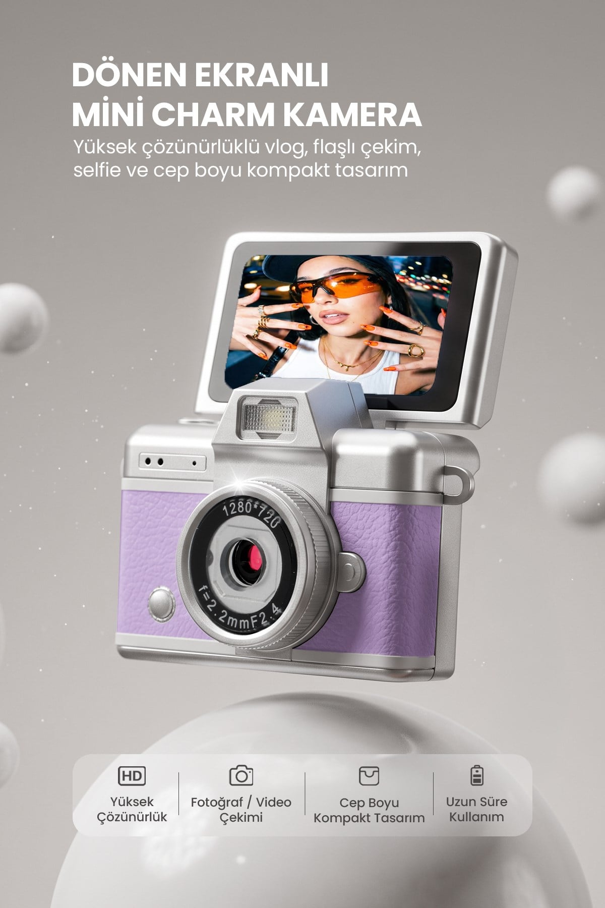 Mini Kamera Dönen Ekran Flaşlı Selfie Video Vlog Kamerası Anahtarlık LK-027 