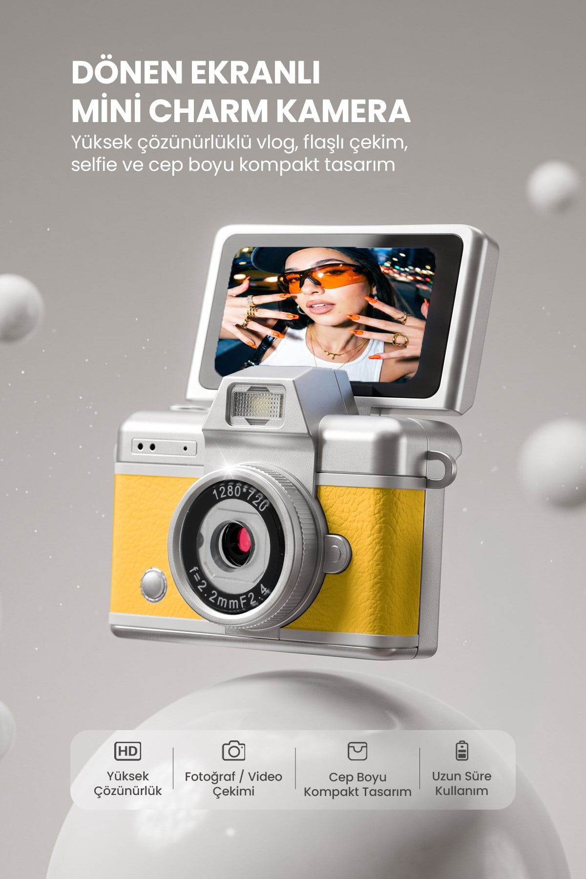 Mini Kamera Dönen Ekran Flaşlı Selfie Video Vlog Kamerası Anahtarlık LK-027 