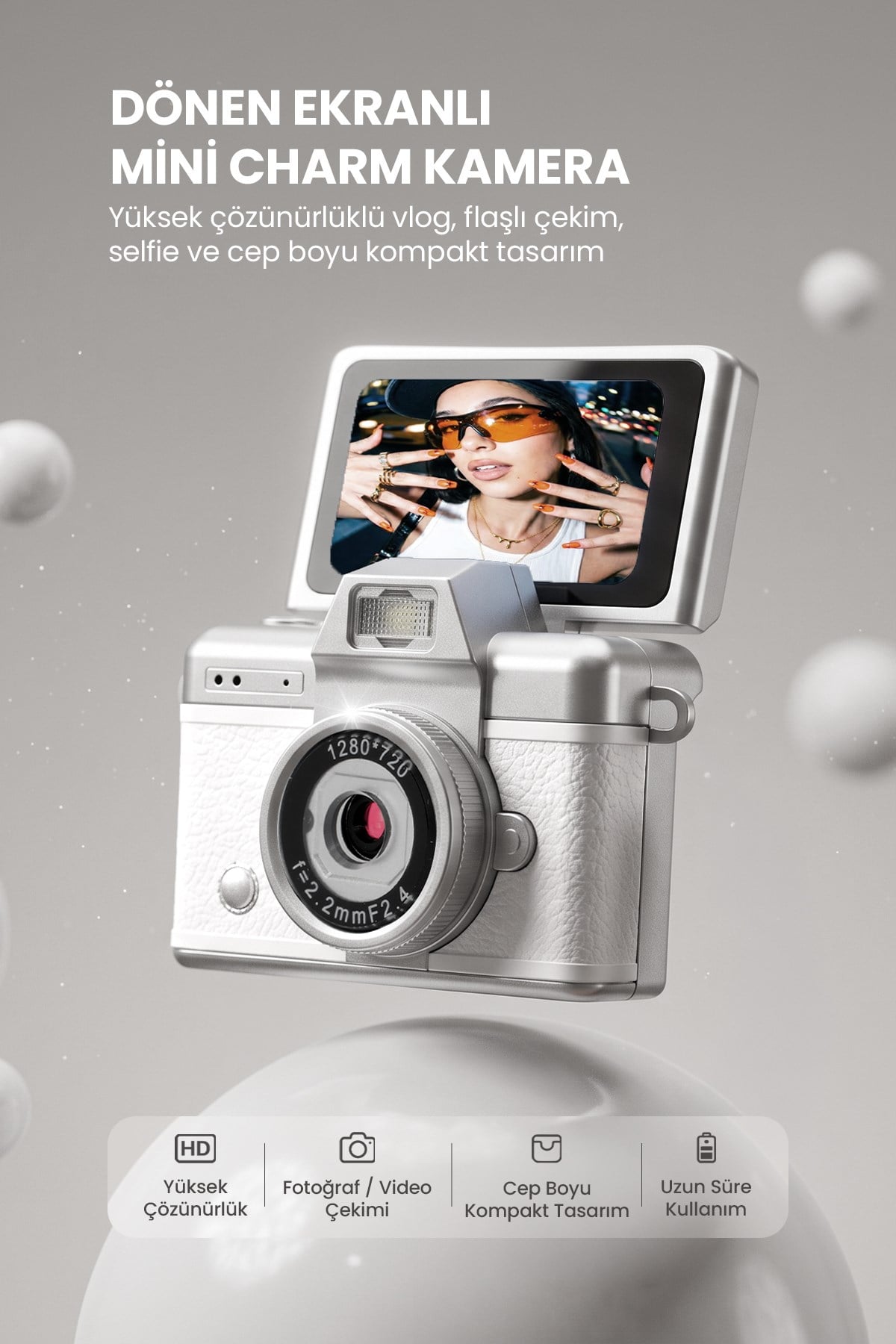 Mini Kamera Dönen Ekran Flaşlı Selfie Video Vlog Kamerası Anahtarlık LK-027 