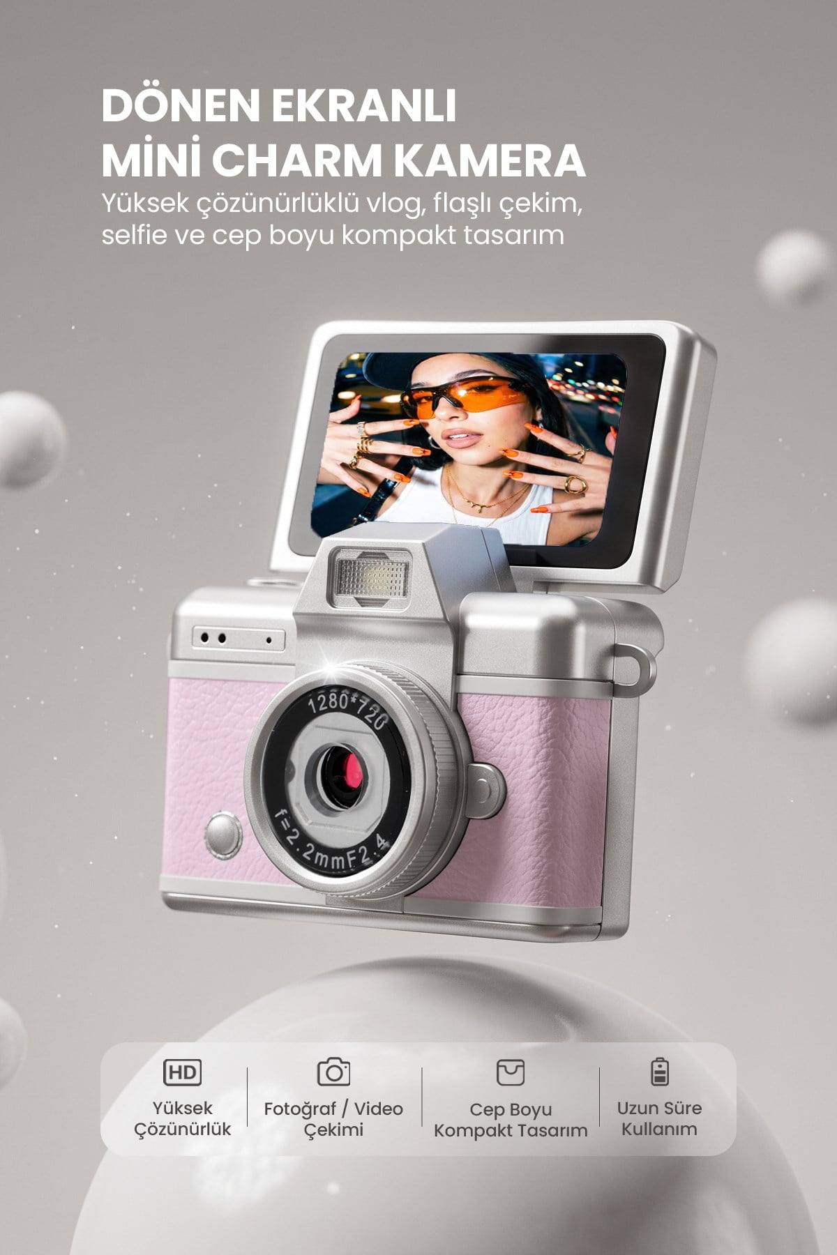 Mini Kamera Dönen Ekran Flaşlı Selfie Video Vlog Kamerası Anahtarlık LK-027 