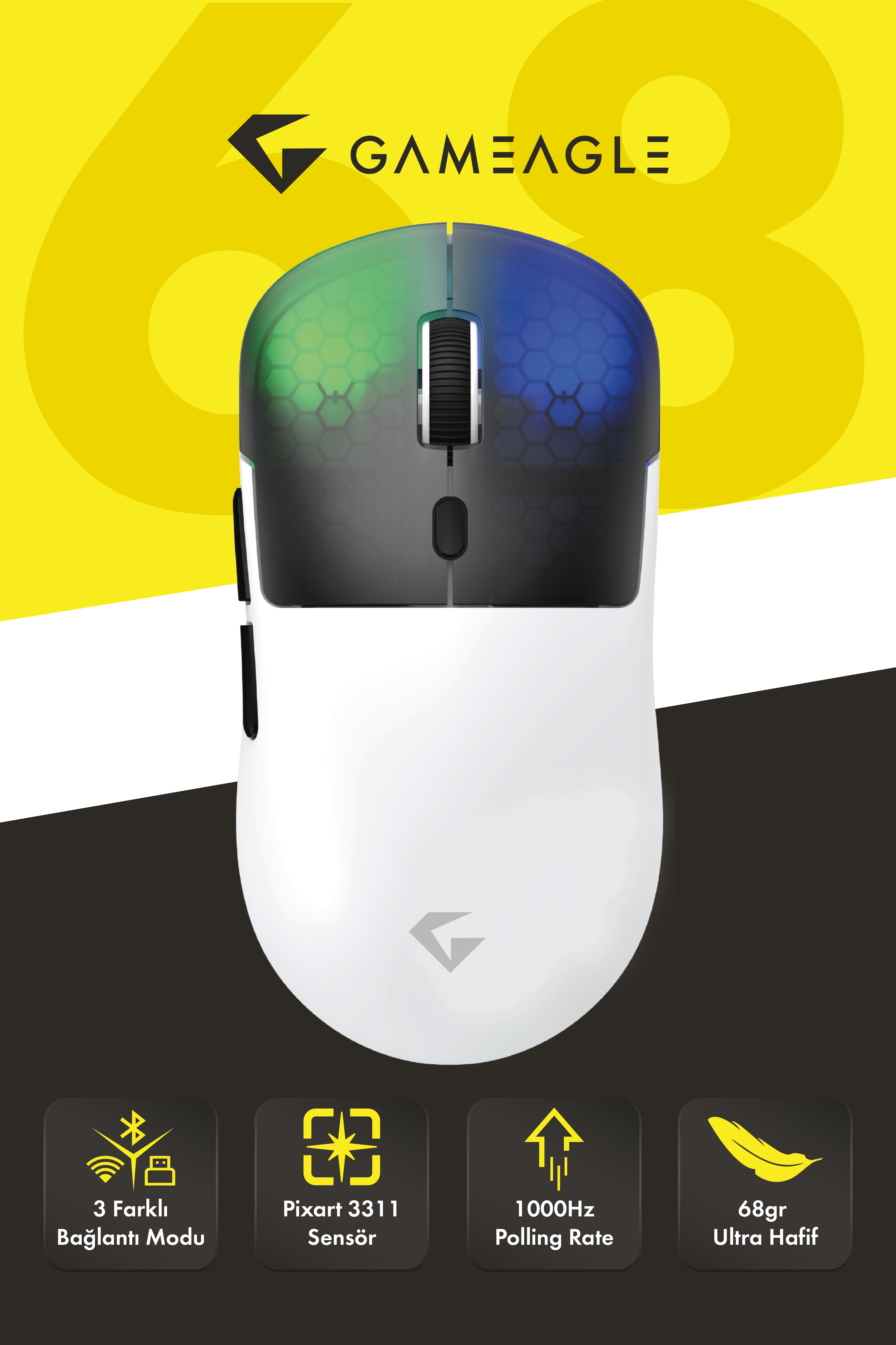 Neon X RGB Kablosuz + Bluetooth + 2.4G + Kablolu Ultra Hafif 69gr 1K Hz 12000DPI Oyuncu Mouse Beyaz
