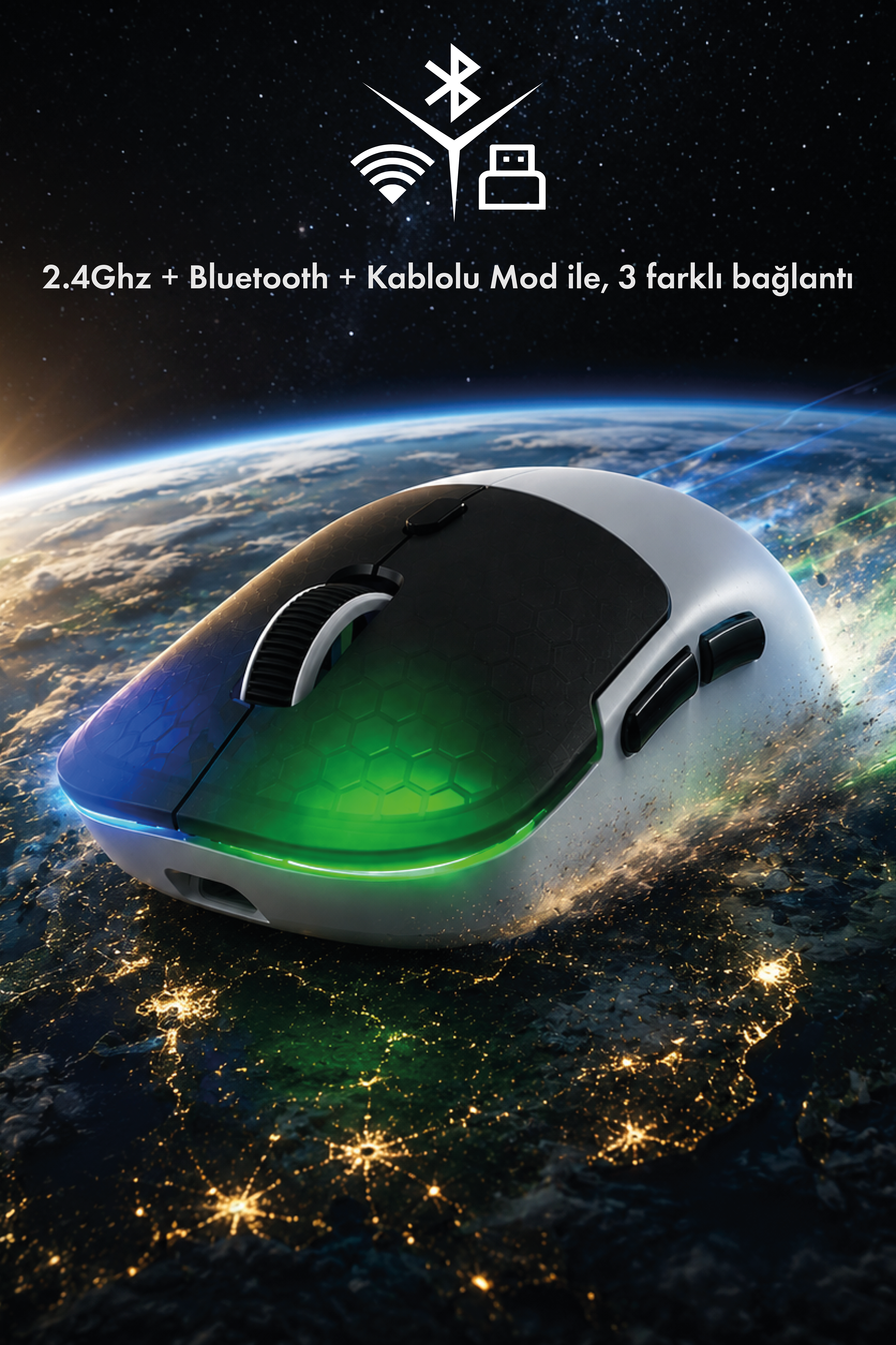 Neon X RGB Kablosuz + Bluetooth + 2.4G + Kablolu Ultra Hafif 69gr 1K Hz 12000DPI Oyuncu Mouse Beyaz
