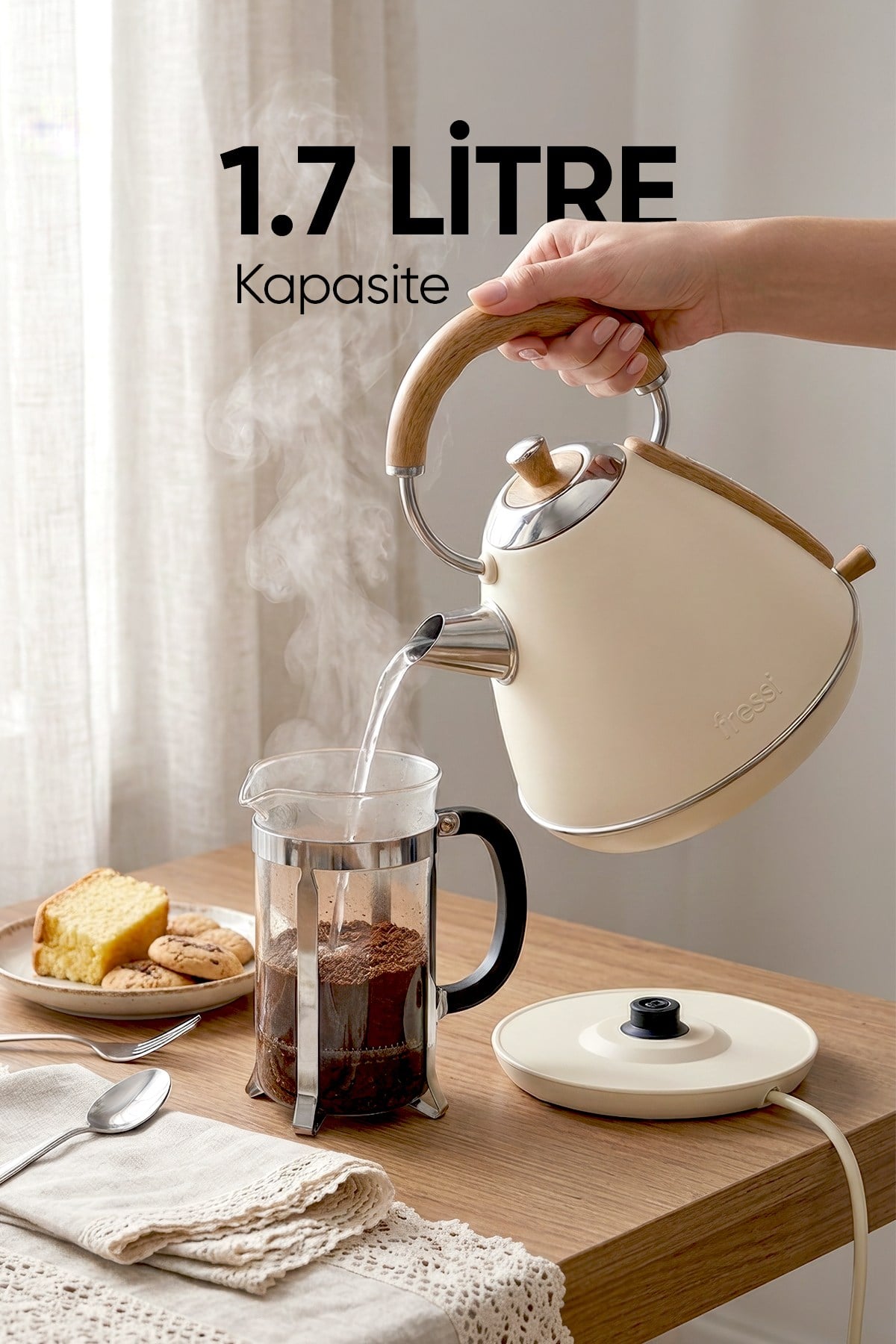 Retro Mavera 1,7 Litre Ahşap Kulp Detaylı Kettle Su Isıtıcısı FR-KT07