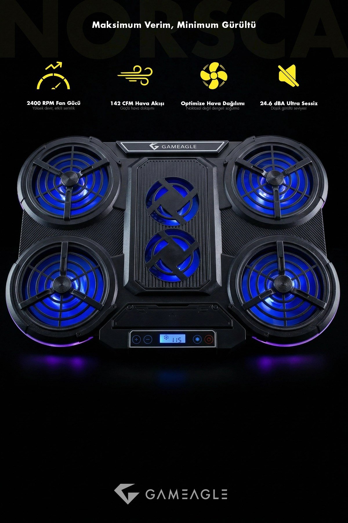 RGB Gaming Notebook Soğutucu, 6 Fanlı, Dijital Göstergeli, 7 Kademeli, Sessiz Fan, 9-17