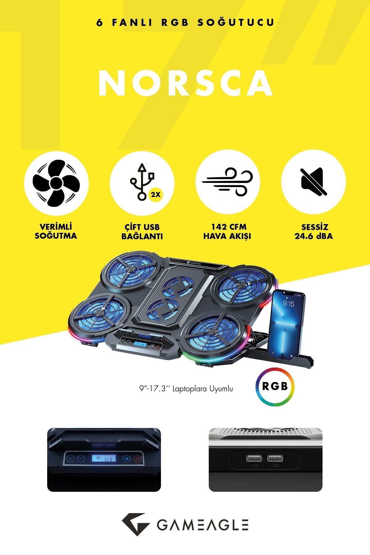 RGB Gaming Notebook Soğutucu, 6 Fanlı, Dijital Göstergeli, 7 Kademeli, Sessiz Fan, 9-17