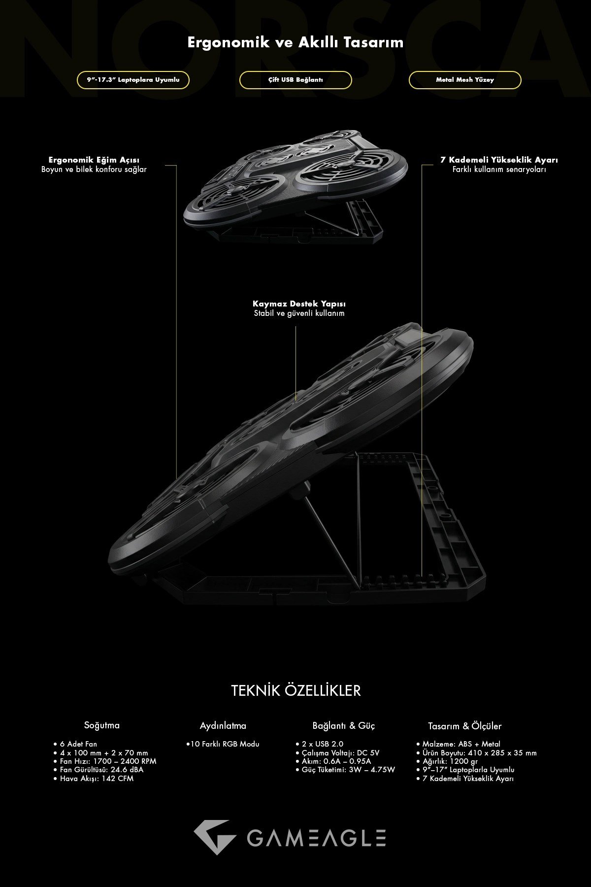 RGB Gaming Notebook Soğutucu, 6 Fanlı, Dijital Göstergeli, 7 Kademeli, Sessiz Fan, 9-17
