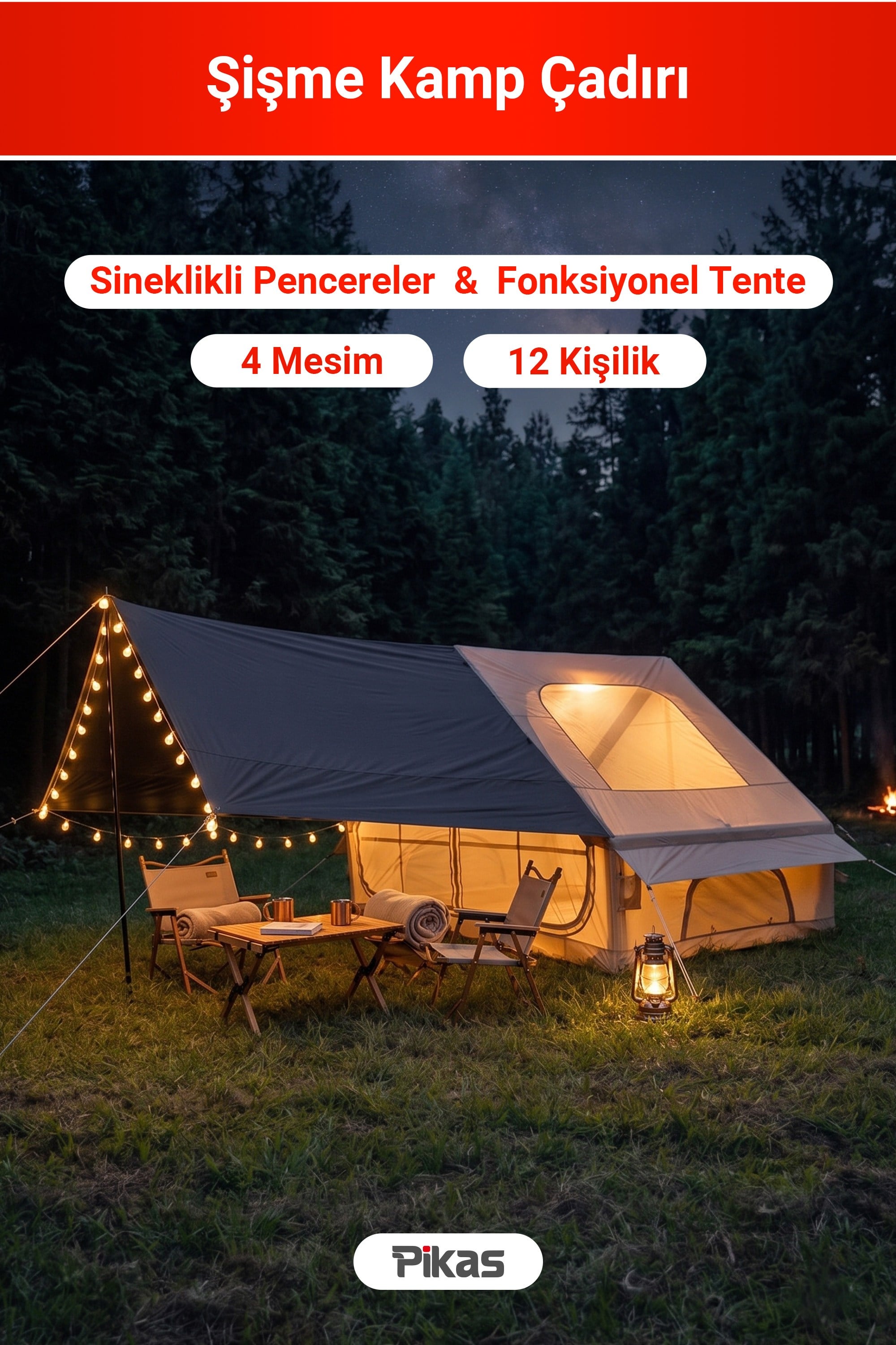 Rovos 6 Kişilik Şişme Kamp Çadırı, 4 Mevsim Su Geçirmez Oxford Kumaş, Tenteli ve Sineklikli Pencere, Kolay Kurulum Lüks Aile Çadırı (300x210x200 cm, 6.3 m²)