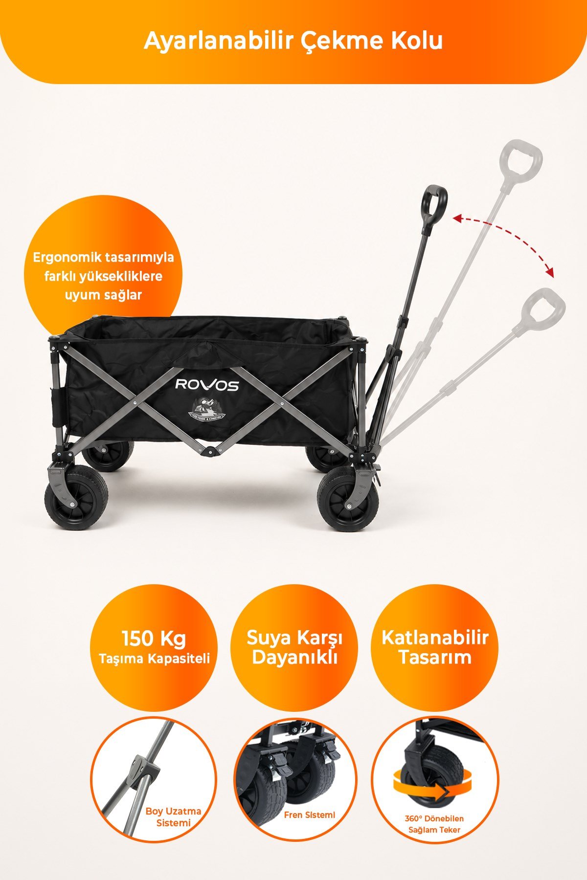 Rovos Taşınabilir  Kamp Arabası, Katlanabilir Portatif Pazar Piknik Vagon Market Bahçe Arabası 