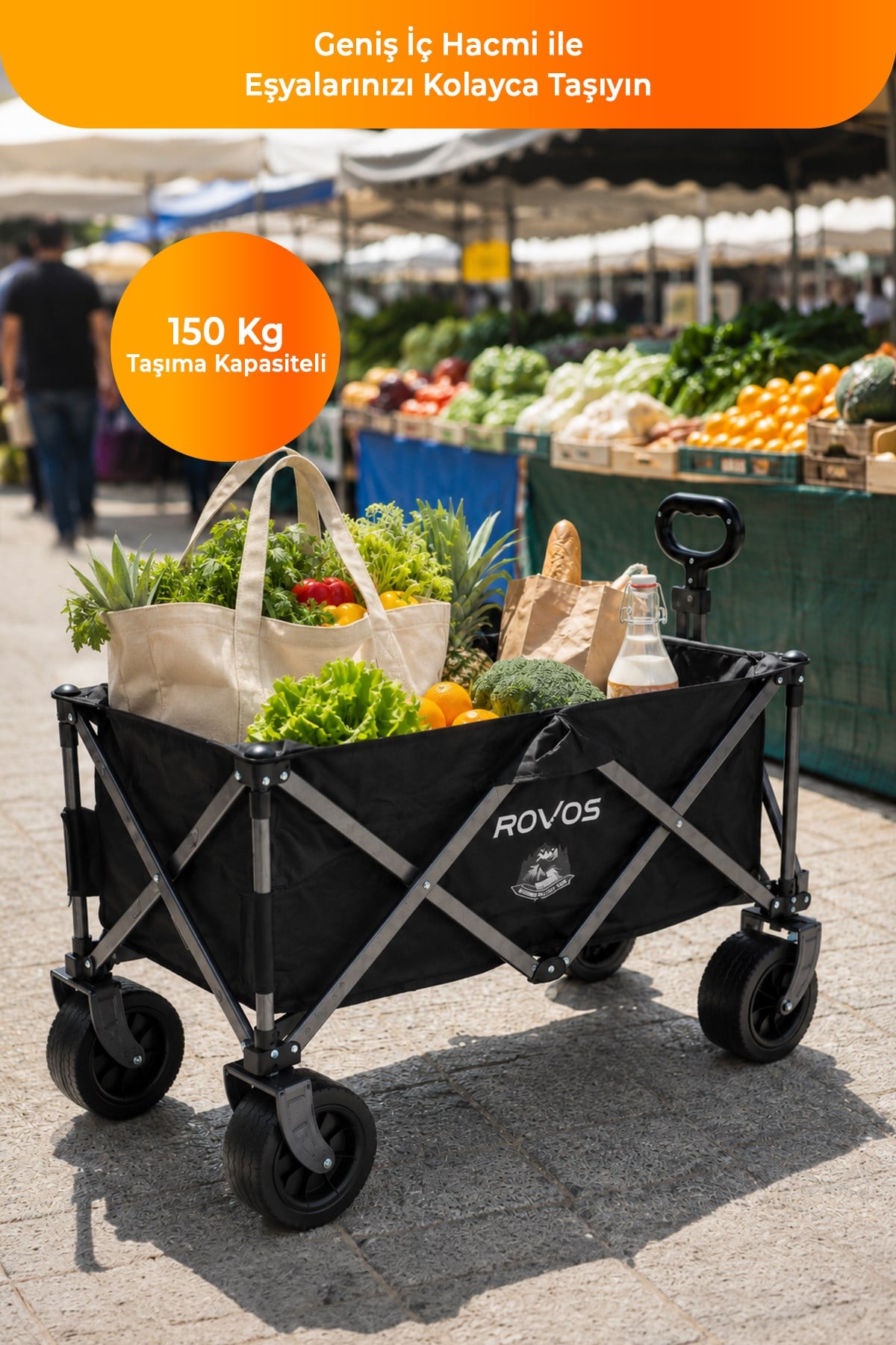 Rovos Taşınabilir  Kamp Arabası, Katlanabilir Portatif Pazar Piknik Vagon Market Bahçe Arabası 