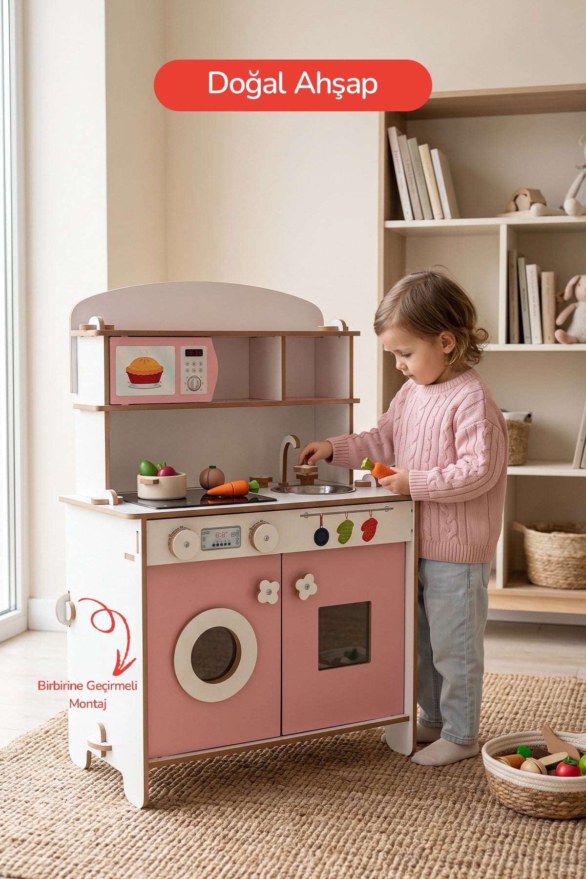 ROZİTOYS Ahşap Montessori Minimal Led Ocak Tasarımlı Çocuklar İçin Eğitici Mutfak 5977