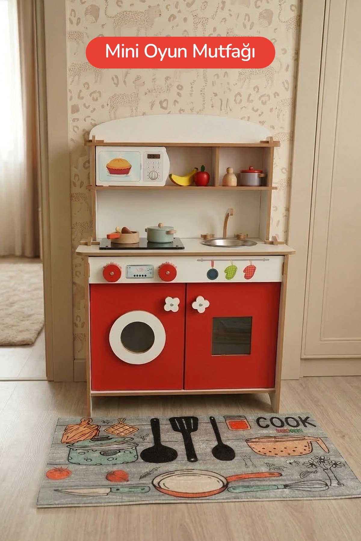 ROZİTOYS Ahşap Montessori Minimal Led Ocak Tasarımlı Çocuklar İçin Eğitici Mutfak 5977