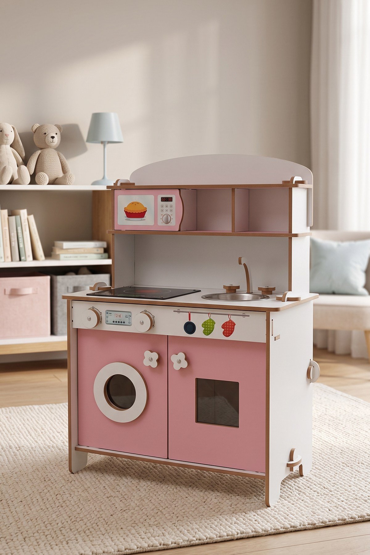 ROZİTOYS Ahşap Montessori Minimal Led Ocak Tasarımlı Çocuklar İçin Eğitici Mutfak 5977