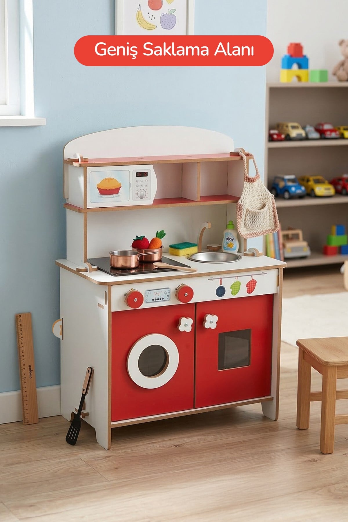 ROZİTOYS Ahşap Montessori Minimal Led Ocak Tasarımlı Çocuklar İçin Eğitici Mutfak 5977