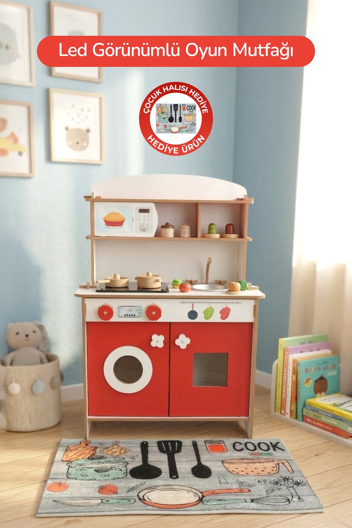 ROZİTOYS Ahşap Montessori Minimal Led Ocak Tasarımlı Çocuklar İçin Eğitici Mutfak 5977