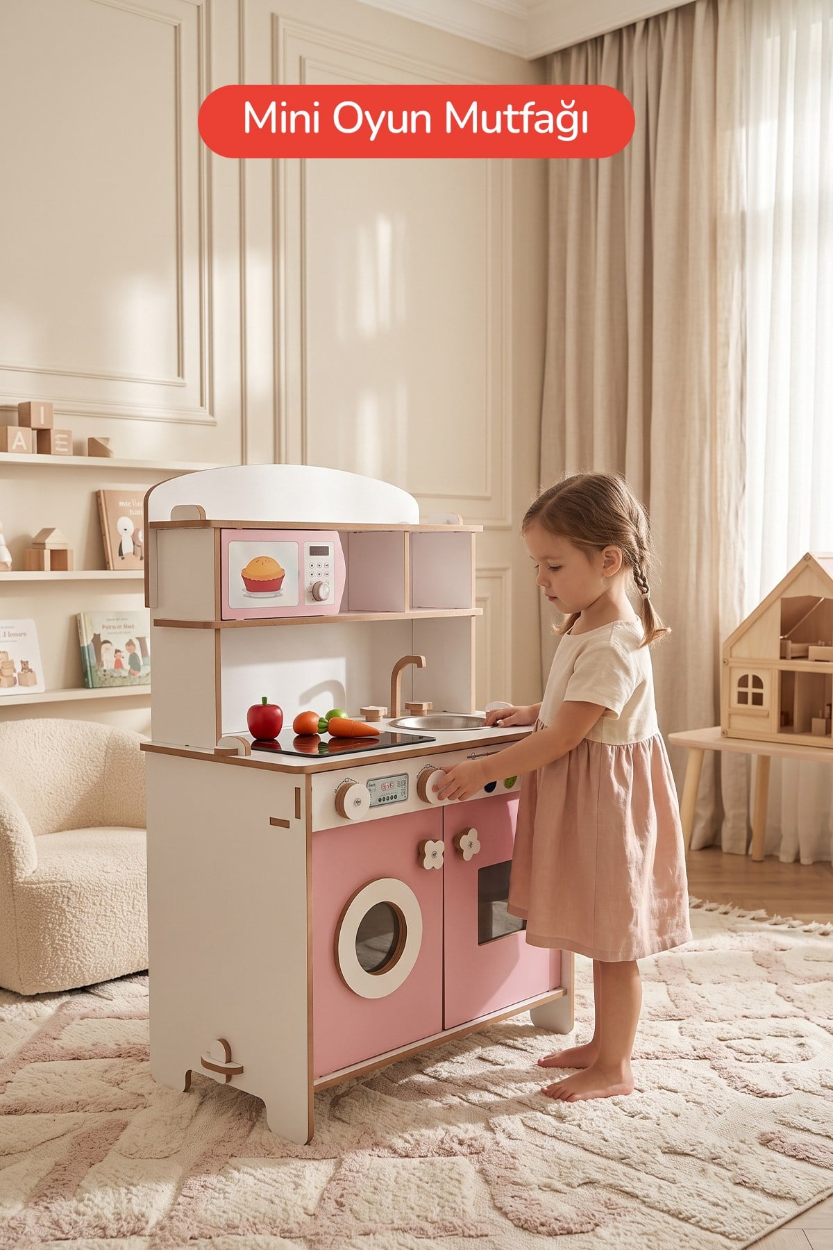 ROZİTOYS Ahşap Montessori Minimal Led Ocak Tasarımlı Çocuklar İçin Eğitici Mutfak 5977