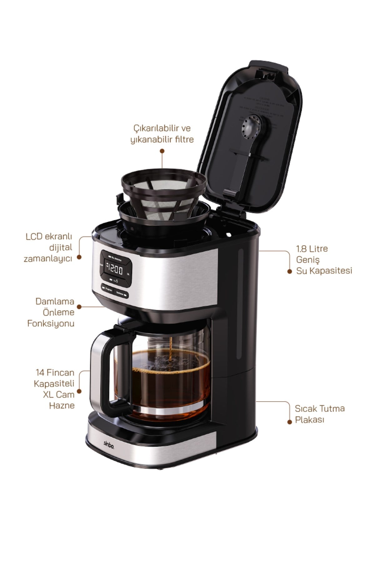 SCM-9042 Otomatik Zaman Ayarlı XL 14 Fincan Filtre Kahve Makinesi Dijital Göstergeli