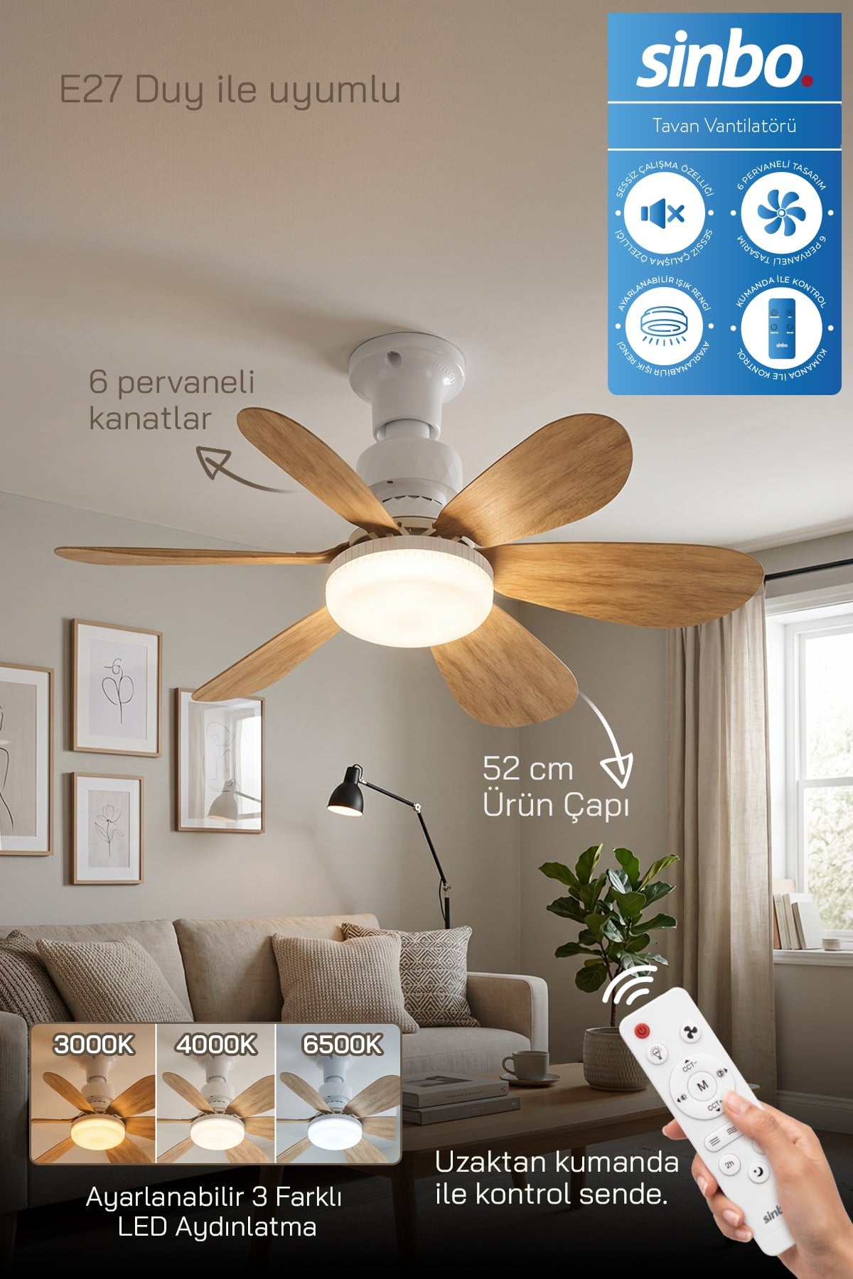 SF-7708 3 LED Aydınlatmalı Sessiz Tavan Vantilatörü Kumandalı 6 Kanatlı