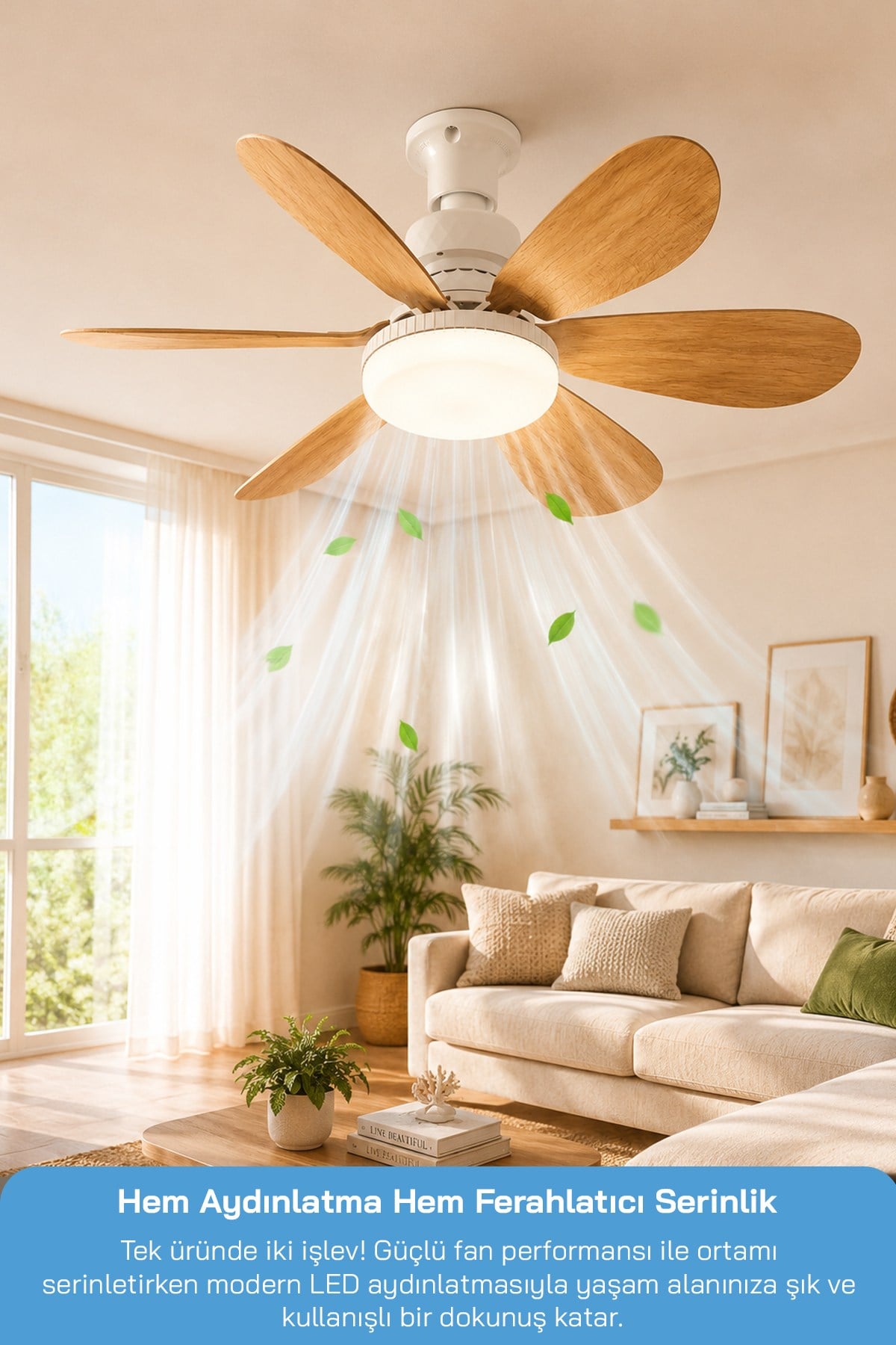 SF-7708 3 LED Aydınlatmalı Sessiz Tavan Vantilatörü Kumandalı 6 Kanatlı